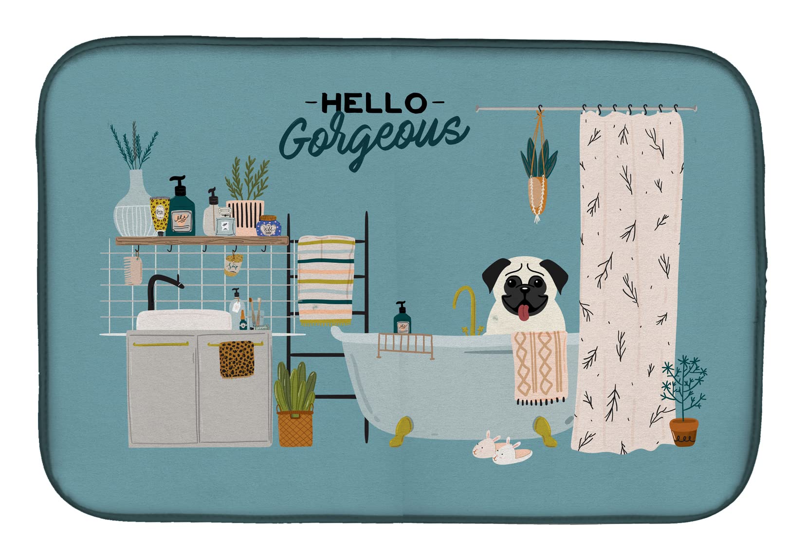 Cream Pug in Bathtub Dish Drying Mat CK7426DDM