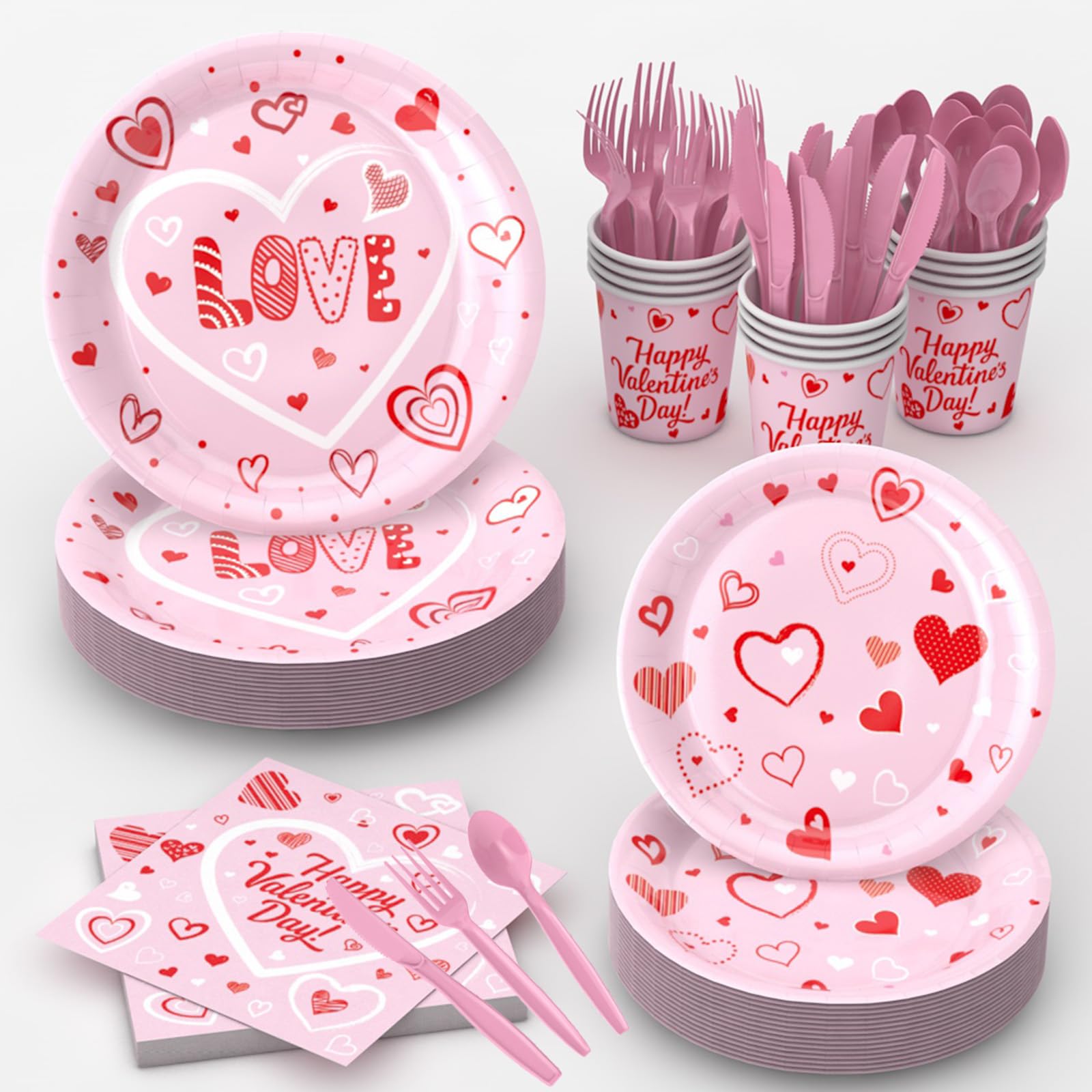 Jiefull Valentine'S Day Party Tableware, Hot Heart Love Disposable Paper Party Plates And Cups And Napkins Sets Serves 16 For We