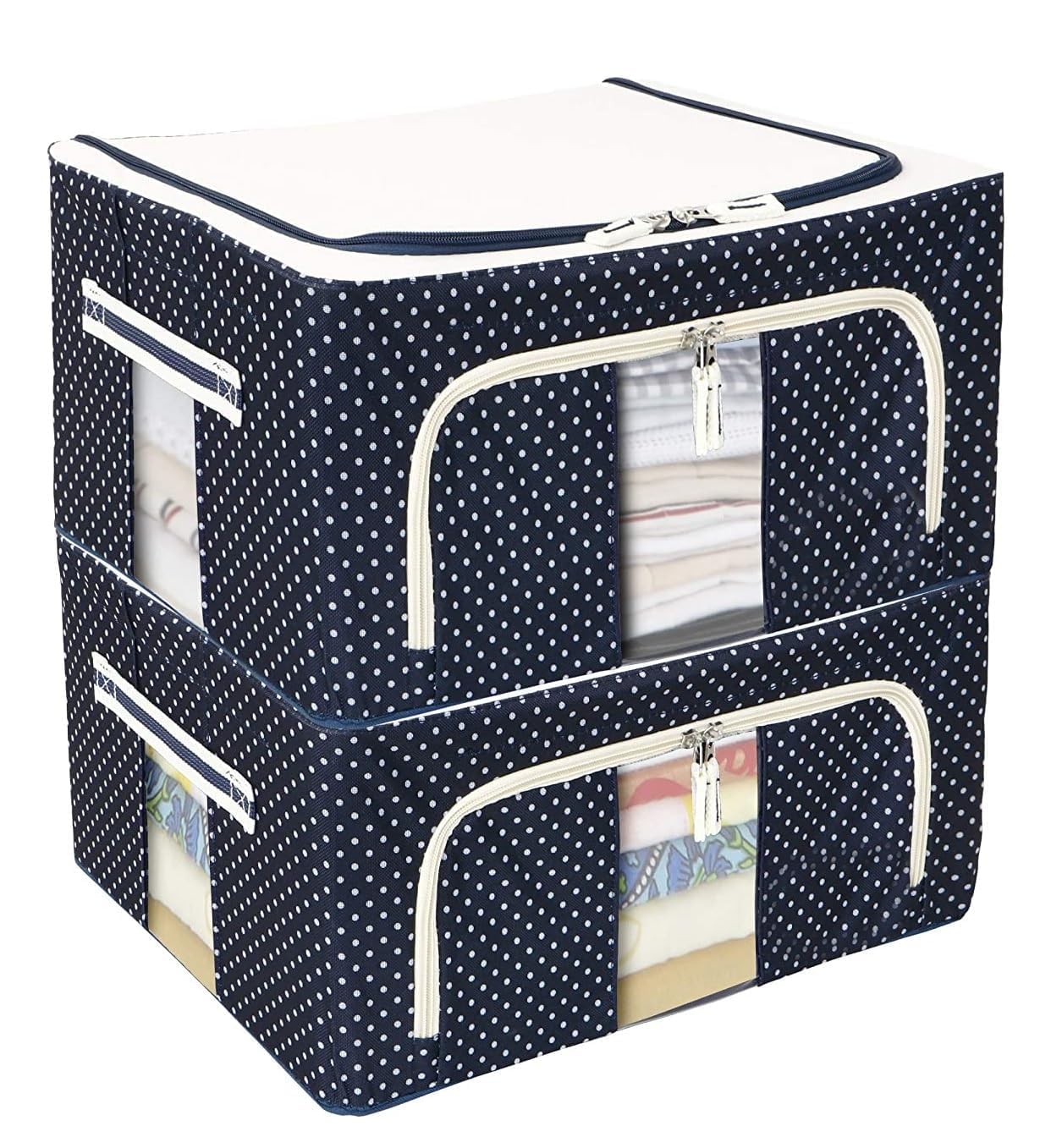 Japak 2 Pcs Closet Organizers And Storage Bins Foldable Metal Frame Storage Box With Zippers & Clear Window For Organizing Cloth