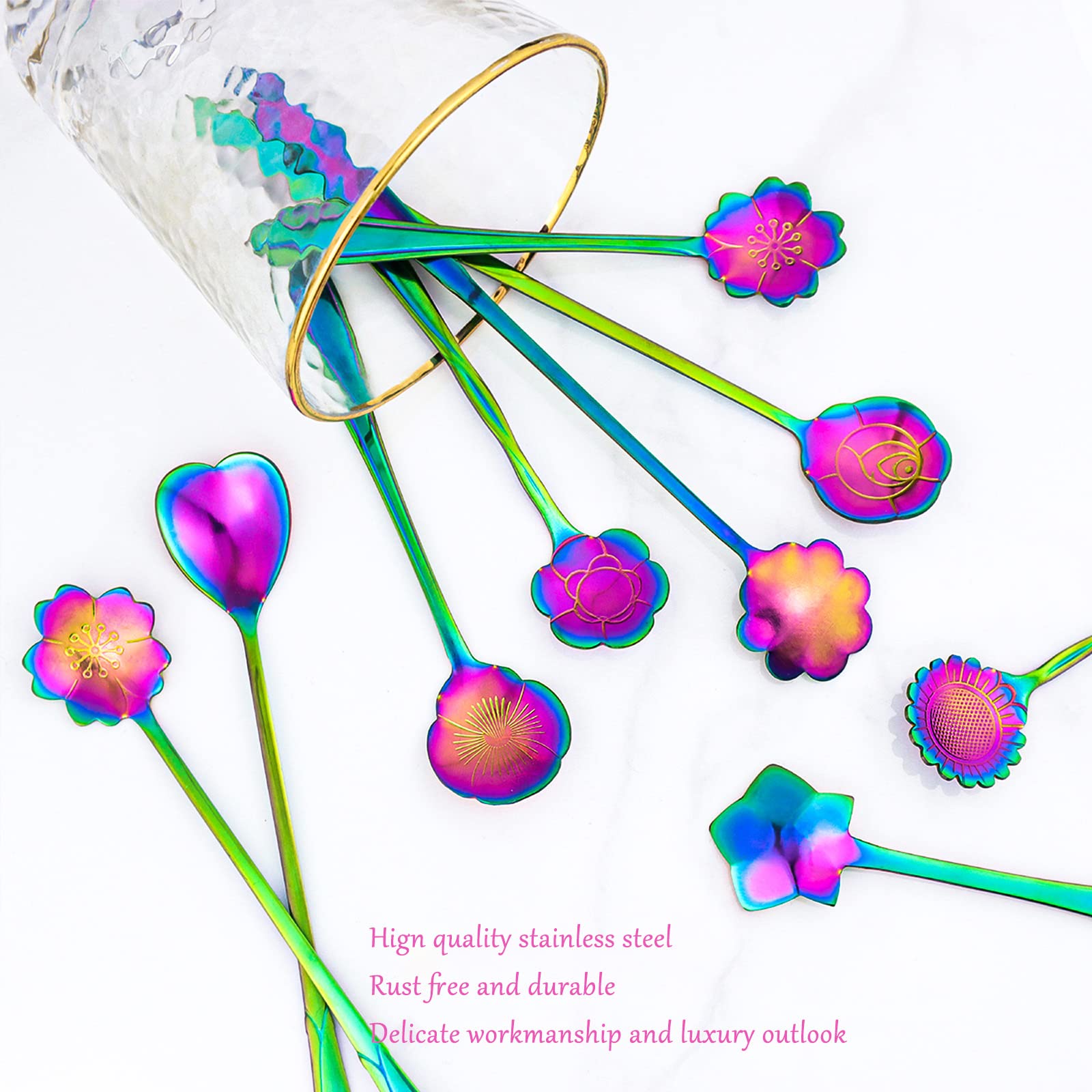 9 Pcs Rainbow Flower Spoon Set, Leefone 2 Different Size Stainless Steel Reusable Teaspoons Coffee Sugar Stirring Spoon Dessert