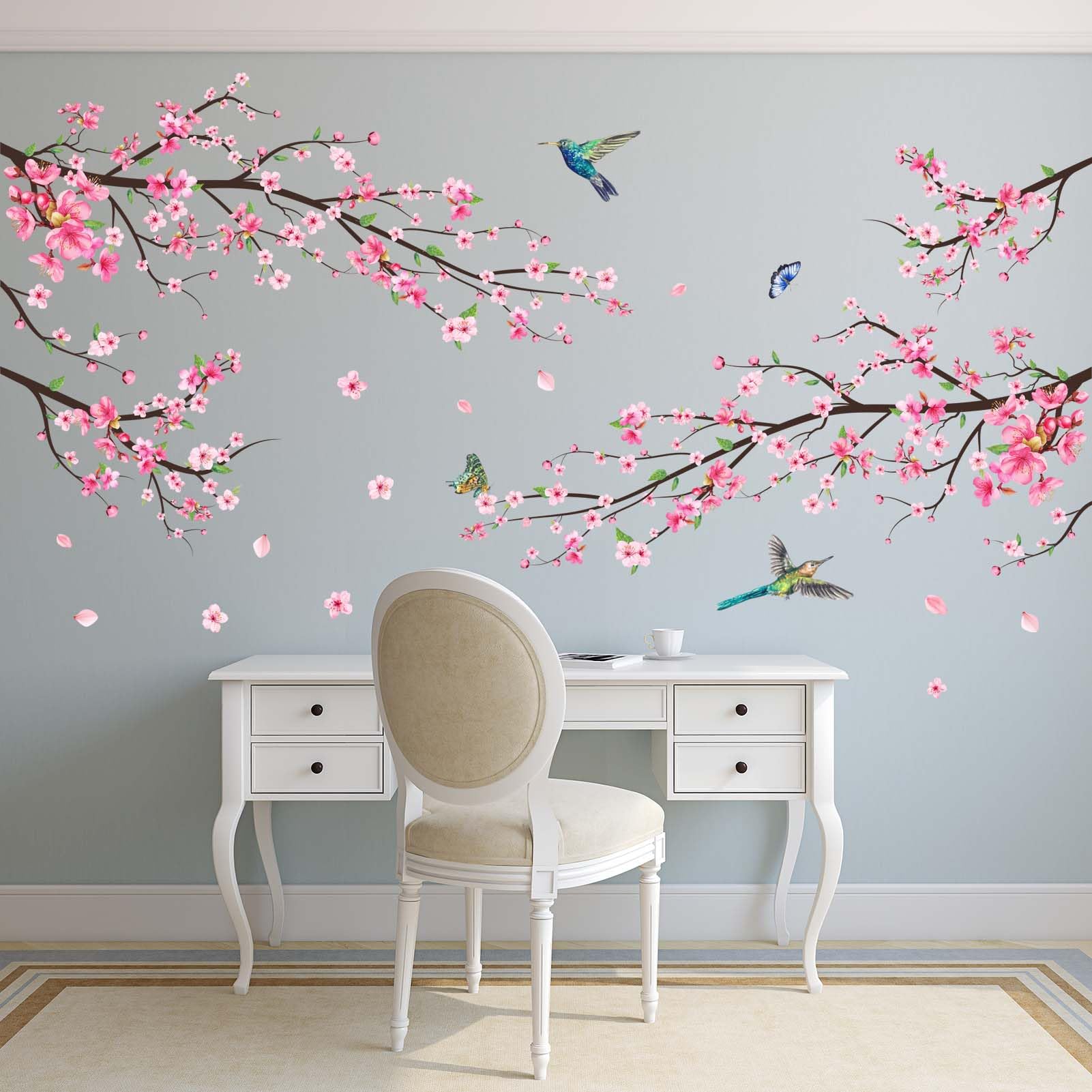 Amimagen Pink Watercolor Cherry Blossom Wall Stickers - Tree Branch Flower Birds Wall Decals - Bedroom Living Room Sofa Tv Backg