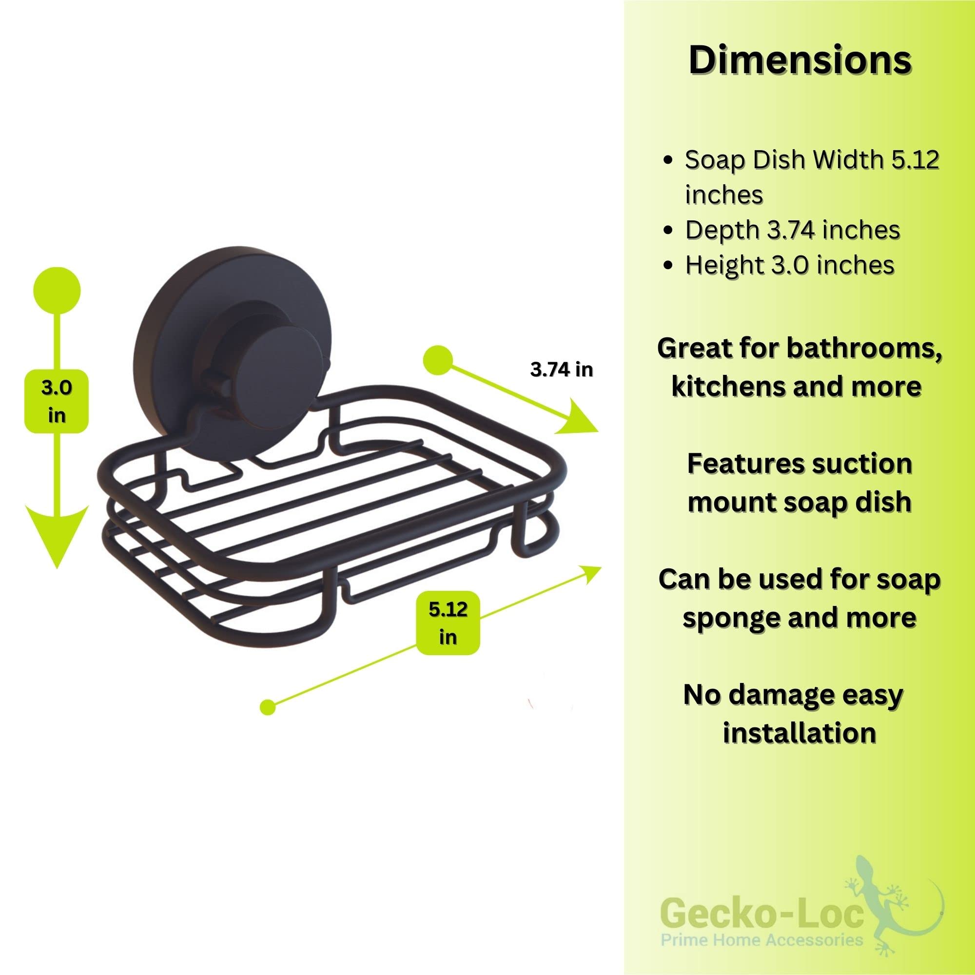 Gecko-Loc Soap Dish Suction Mounting Bath Soap Bar Holder For Bathroom, Metal Bath Shower Bathtub Wall Tile Or Kitchen Sink Soap