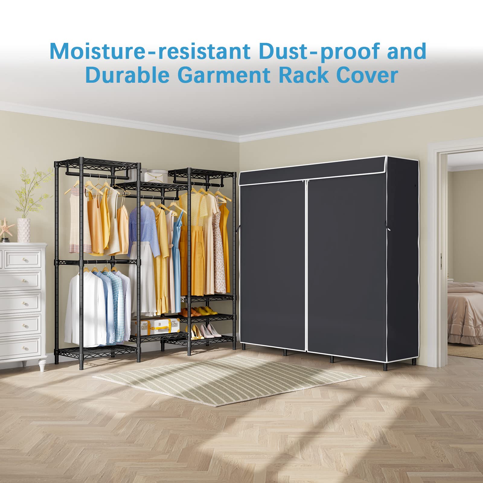 Vipek V5C Covered Clothes Rack Heavy Duty Portable Closet Wardrobe, Freestanding Black Metal Clothing Rack With Black Dustproof