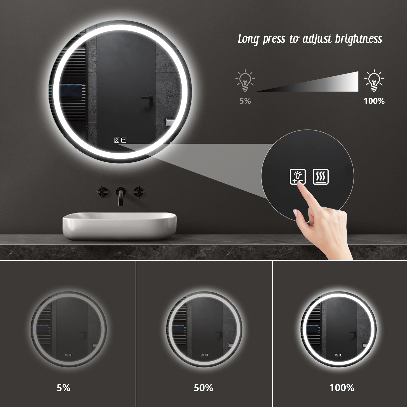 Aprilsoul 36 Inch Round Led Bathroom Mirror With Lights, Makeup Mirror With Front And Backlit, Anti-Fog, 3 Colors And Dimmable L