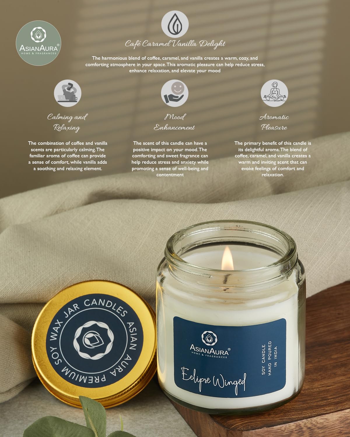 Asian Aura Scented Glass Jar Candle - 450g (Gross Wt.) - Eclipse Winged |36 Hours Burn Time |Smoke-Free Aroma Candle for Home Fr