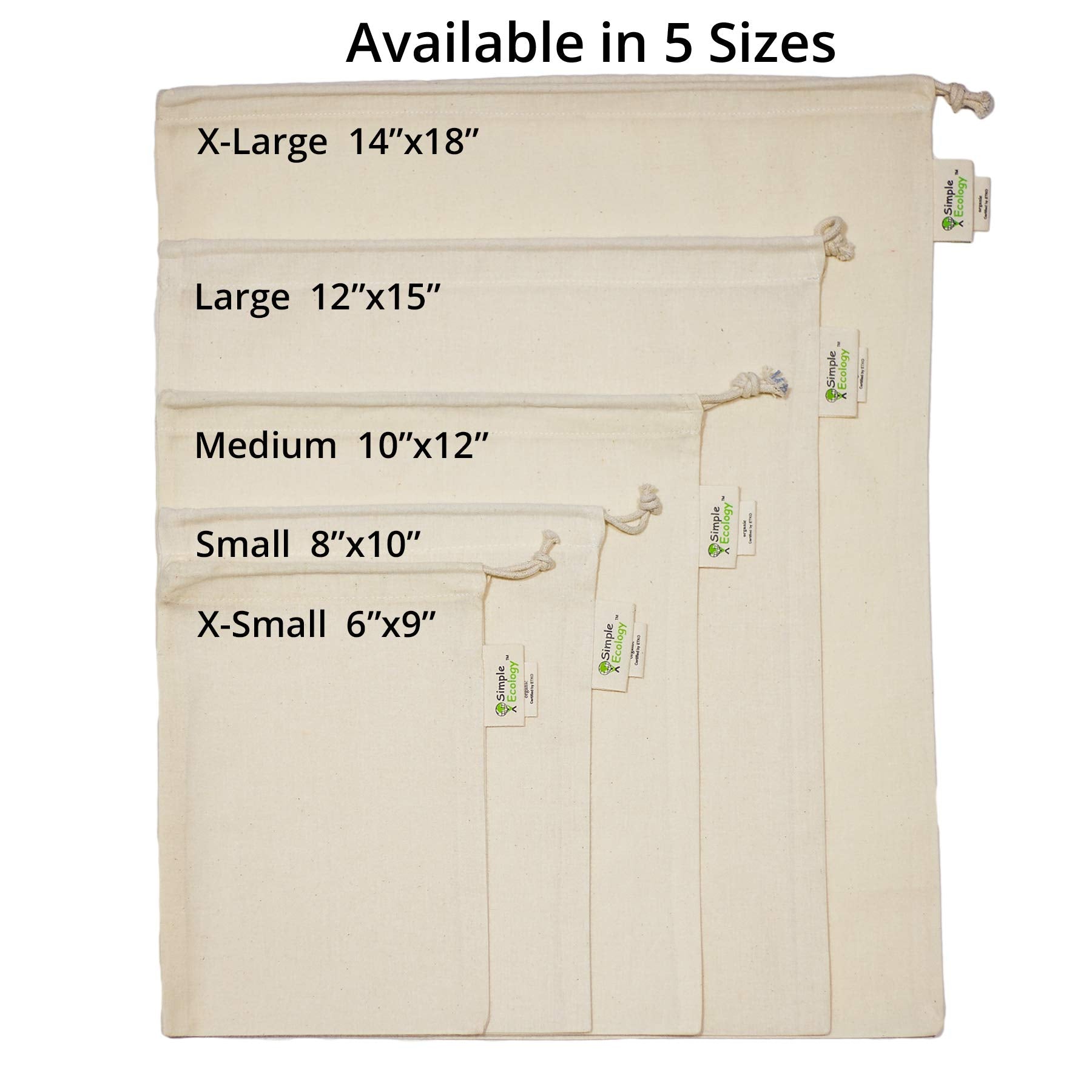Simple Ecology Reusable Grocery Produce Shopping And Storage Bags, Organic Cotton Muslin, Set Of 6 (2 Ea. Of L, M, S)