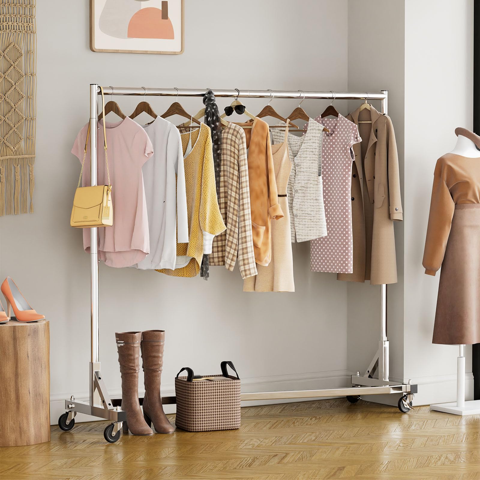 Simple Trending Industrial Grade Z Base 70In Extra Long Clothes Garment Rack, Commercial Grade Rolling Clothing Rack, Heavy Duty