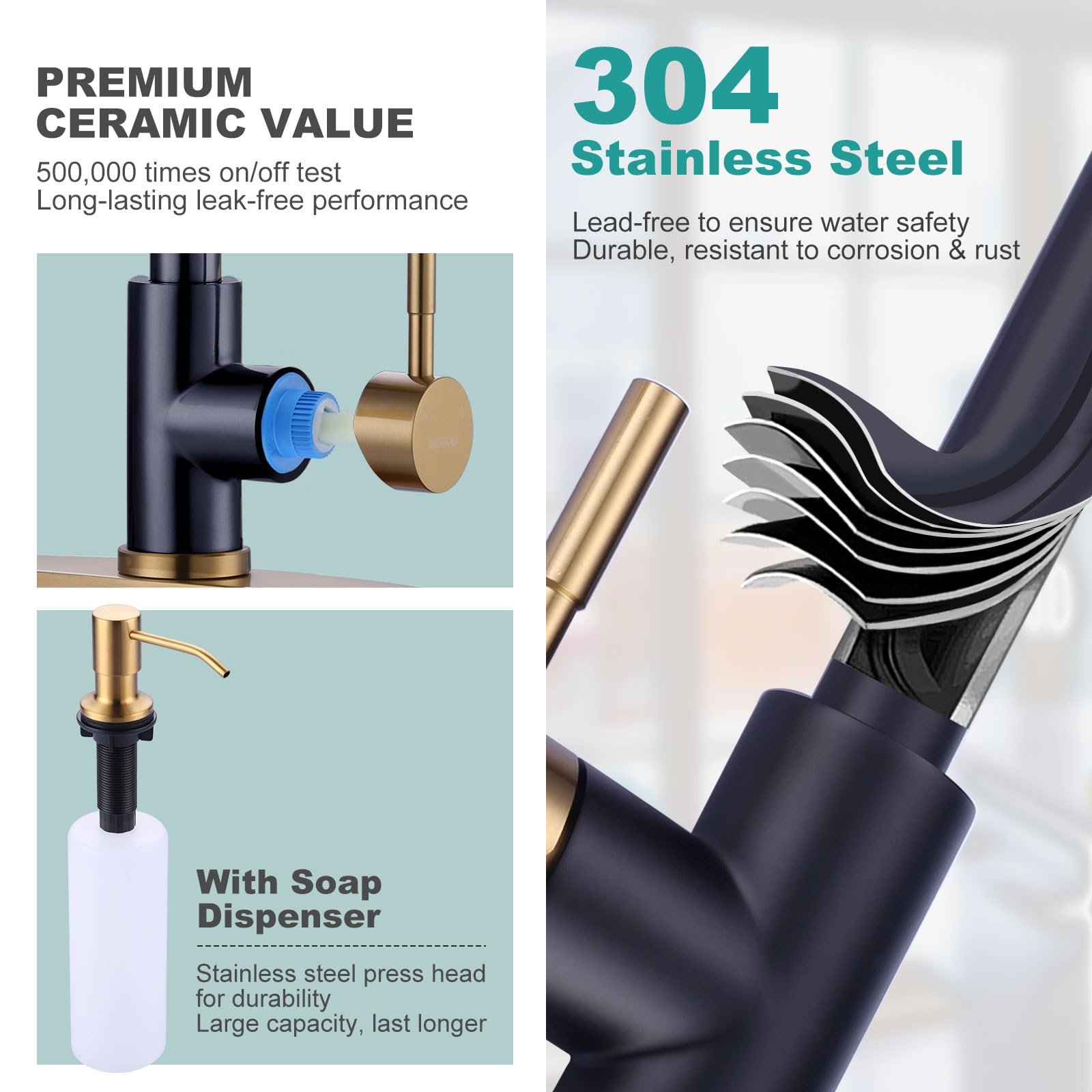 Black And Gold Kitchen Faucet With Soap Dispenser, Wowow Stainless Steel Kitchen Sink Faucet Single Handle High Arc Utility Sink