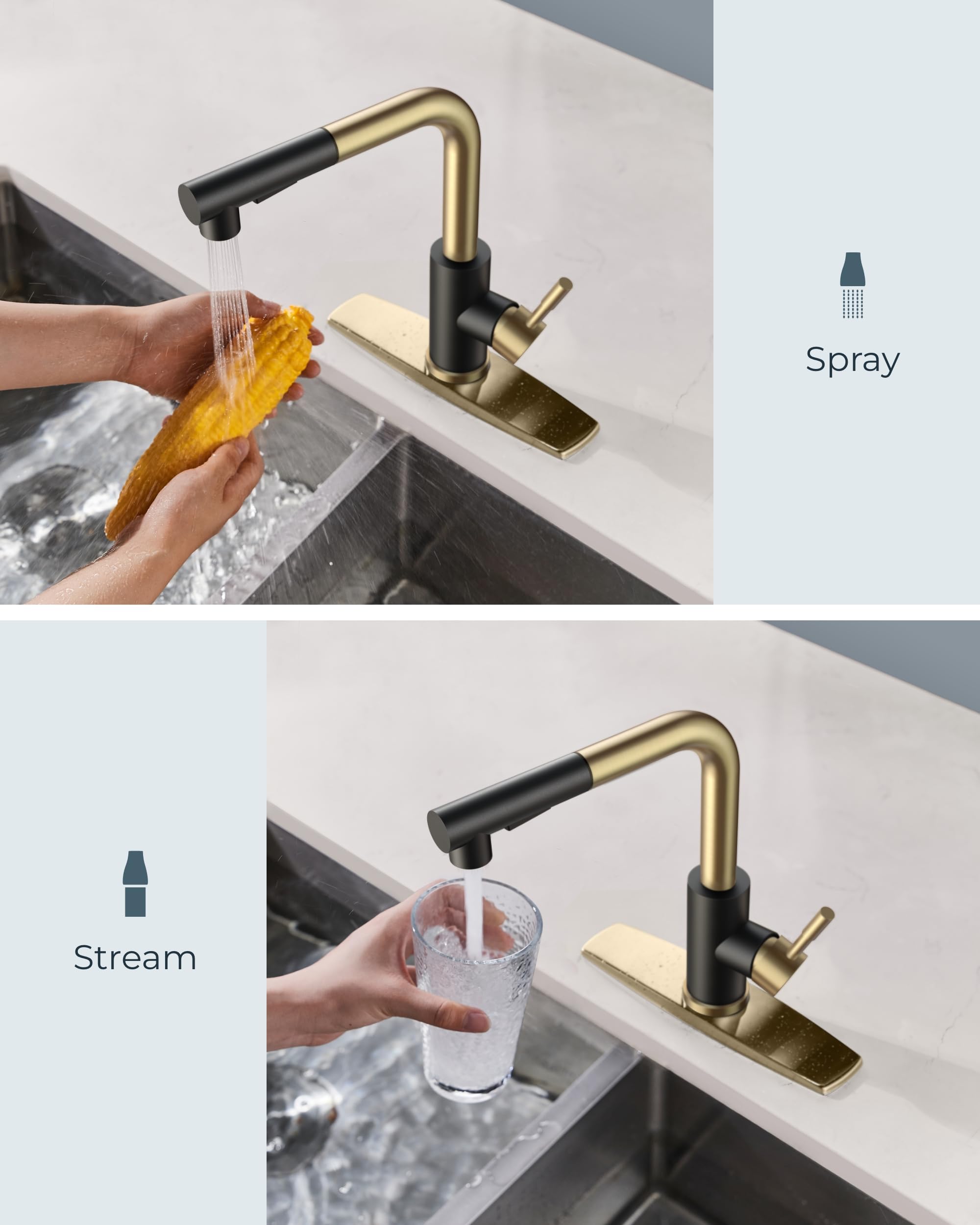 Forious Kitchen Sink Faucet With Sprayer, Kitchen Faucet With Pull Down Sprayer Gold Black, Single Handle Kitchen Faucets With D