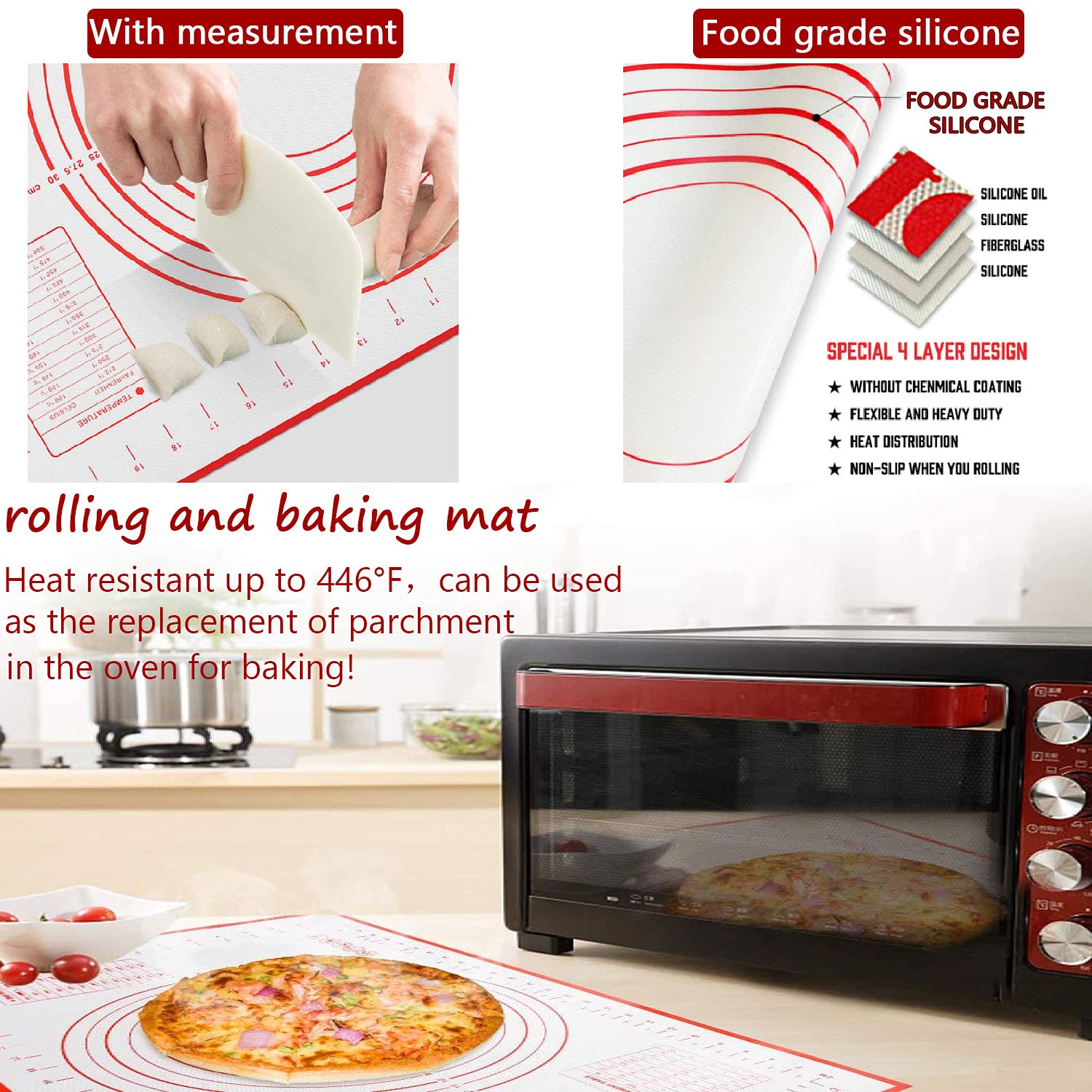 Jandays Silicone Pastry Mat For Rolling Dough Large Fondant Sheet Non Slip With Measurements, Counter Mat, Oven Liner, Pie Crust