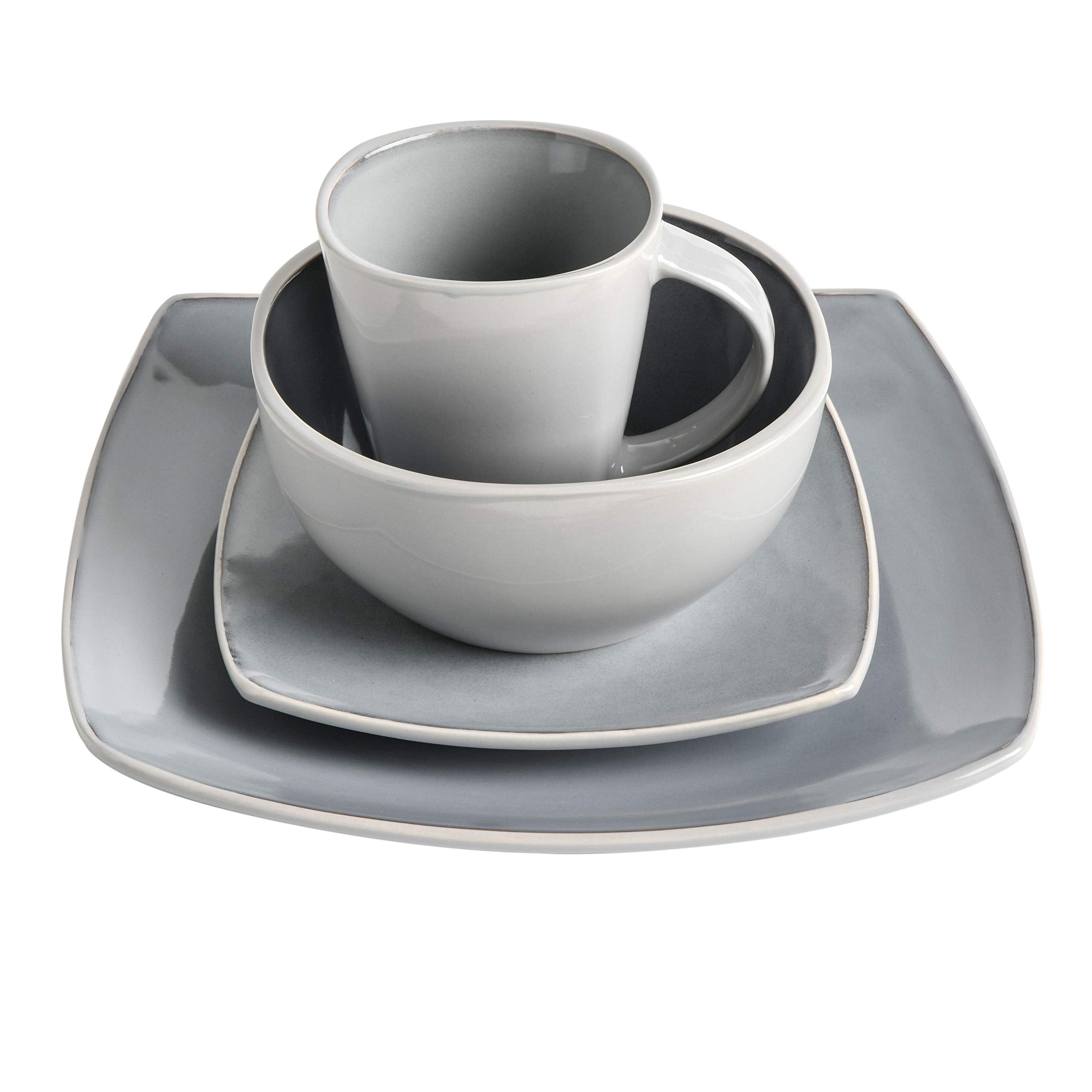 Gibson Soho Lounge Square Reactive Glaze Stoneware Dinnerware Set, Service for 4 (16pc), Light Gray