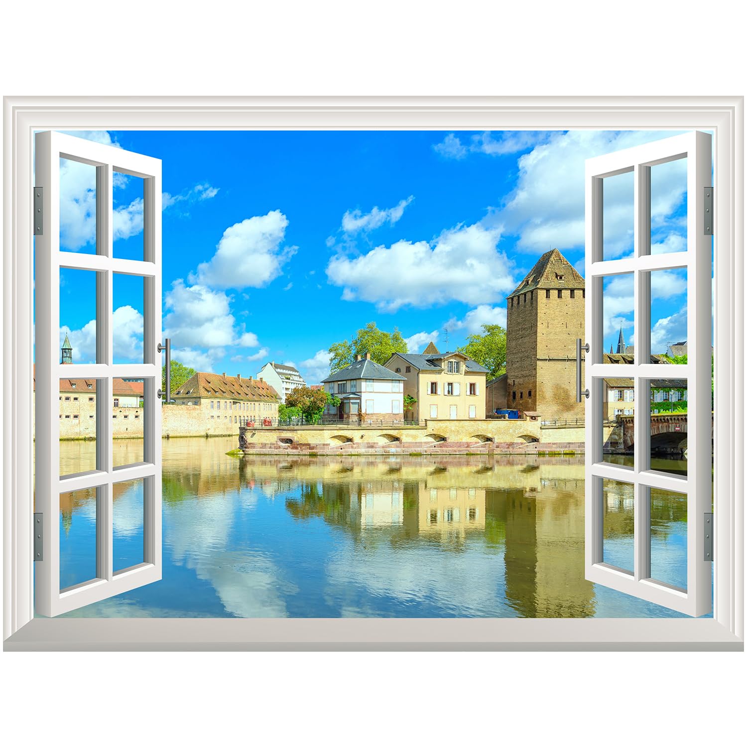 wall26 Removable Wall Sticker/Wall Mural - Peaceful River in a Quiet Town | Creative Window View Wall Decor - 24 Inchx32 Inch