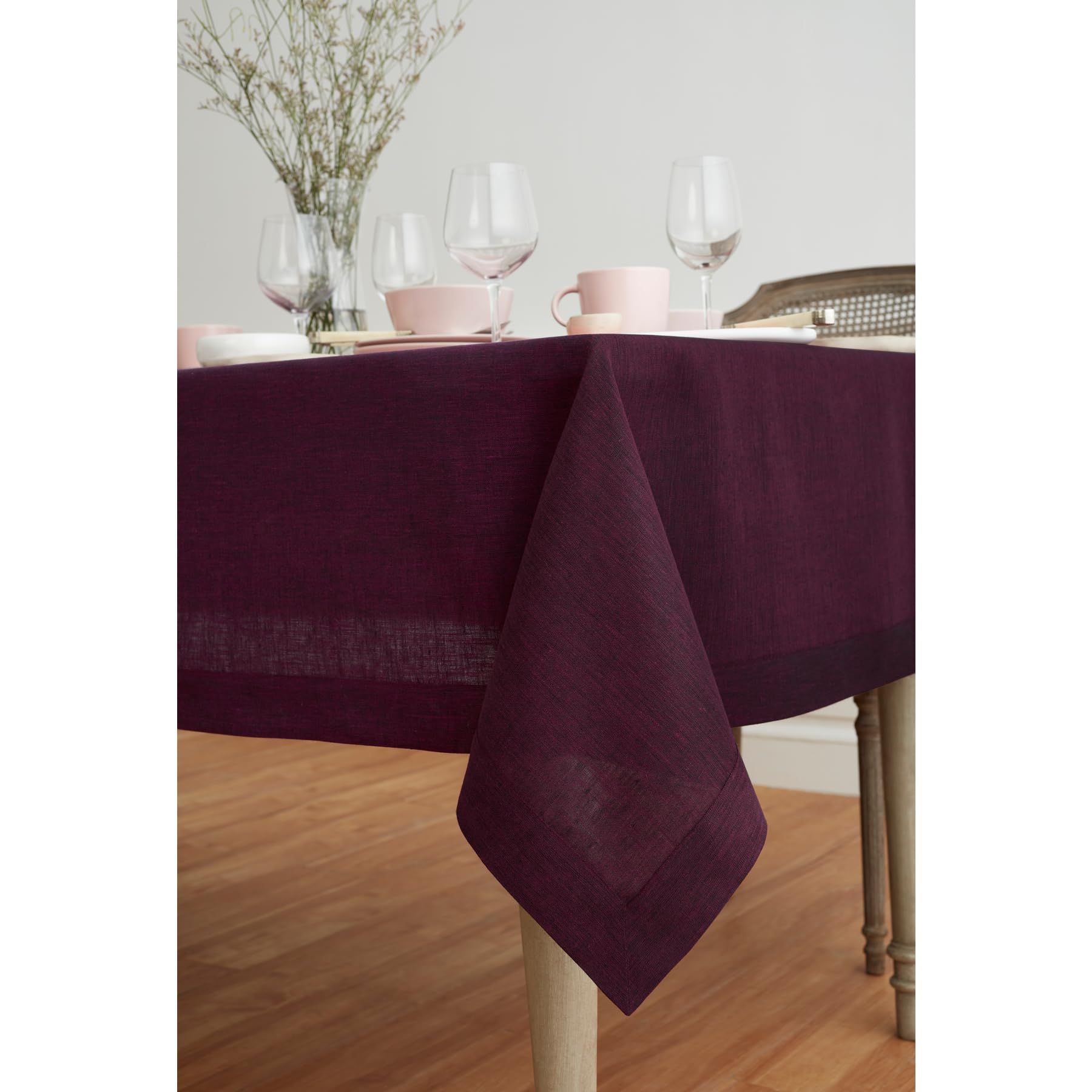 Solino Home Linen Tablecloth 120'' L X 60'' W Inch - 100% Pure Linen Chambray Burgundy Table Cloth For Rectangle Tables - Athena
