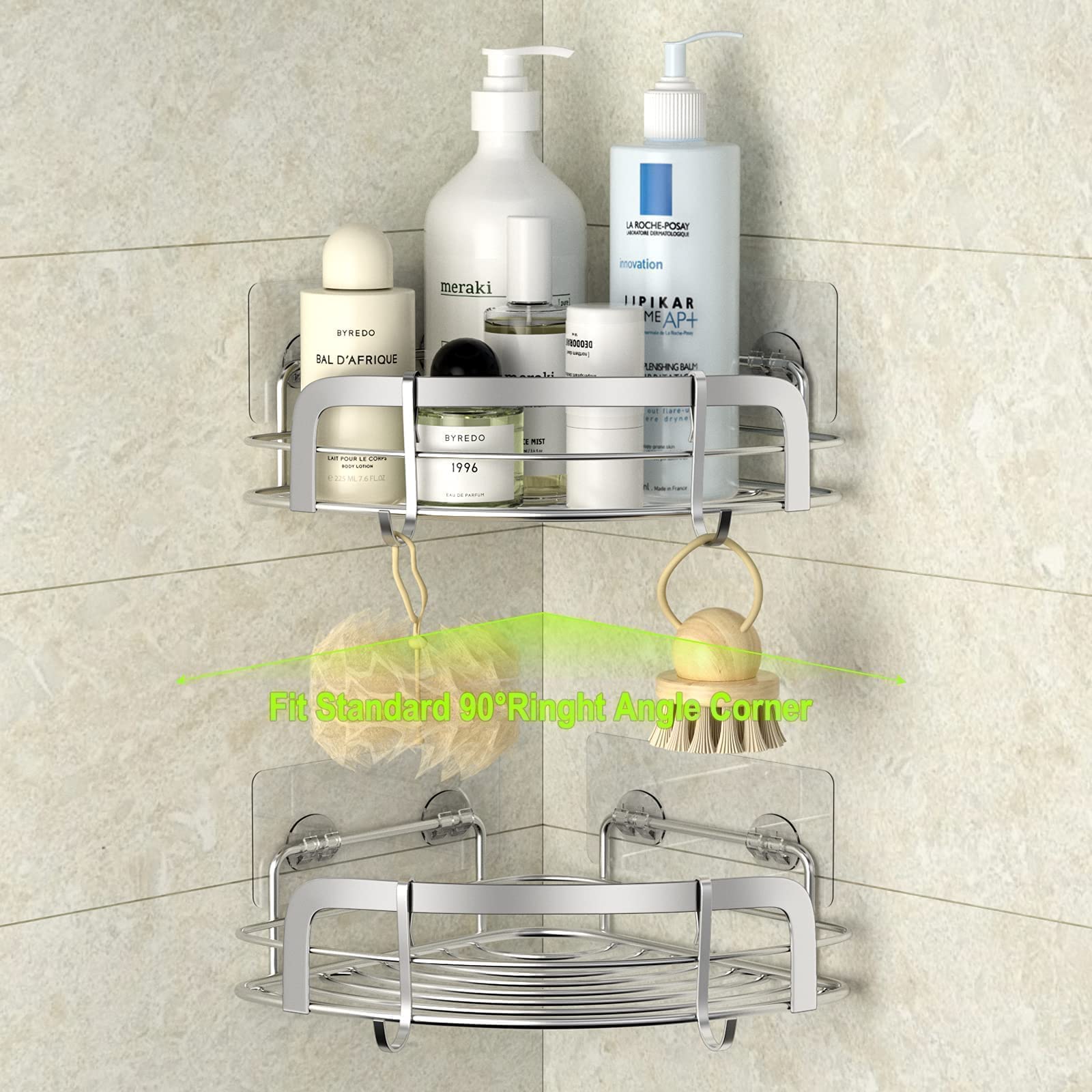 Steugo Corner Shower Caddy, 2 Pack Adhesive Shower Corner Organizer Shelves, No Drilling Stainless Steel Shower Storage Rack Wit