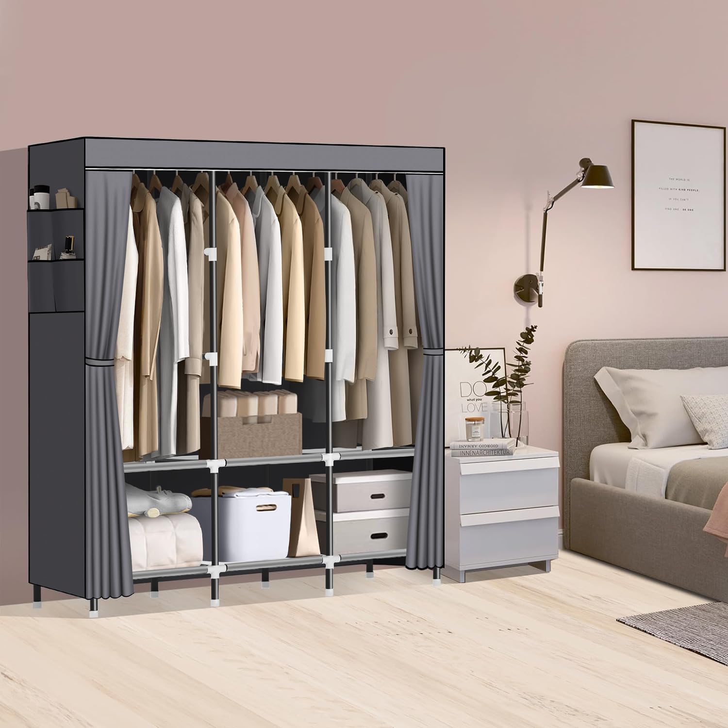 Lokeme Wardrobe Closet,Portable Closet For Bedroom Steel Pipe Diameter 19Mm Strong And Sturdy Grey Portable Closets For Hanging