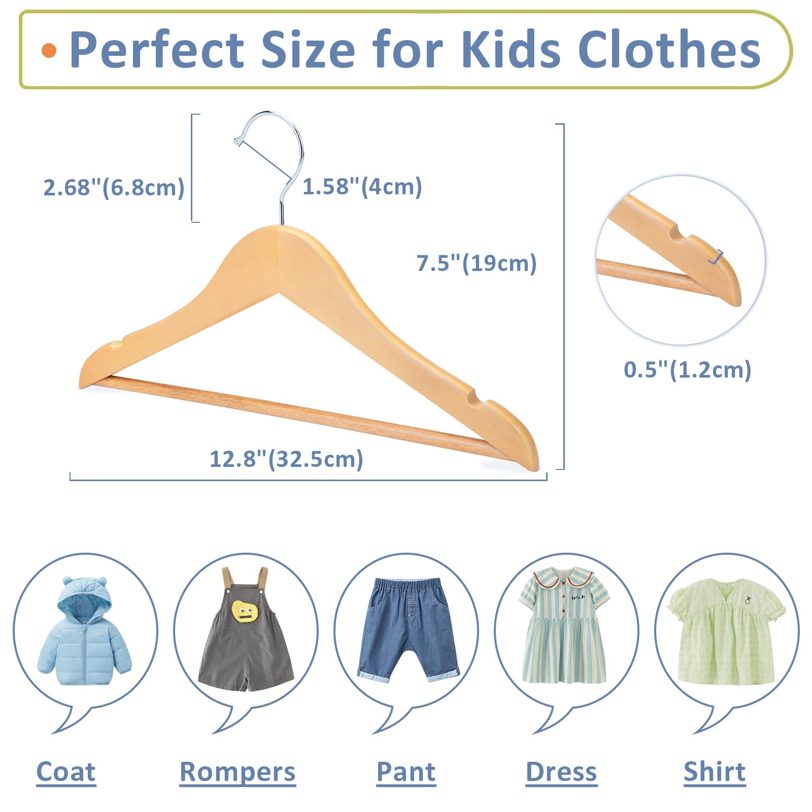 Fairyhaus Kids Hangers 20 Pack 12.8 Inch, Natural Wooden Baby Hangers For Closet, Anti-Rust 360 Swivel Hook, Notches & Smooth Fi