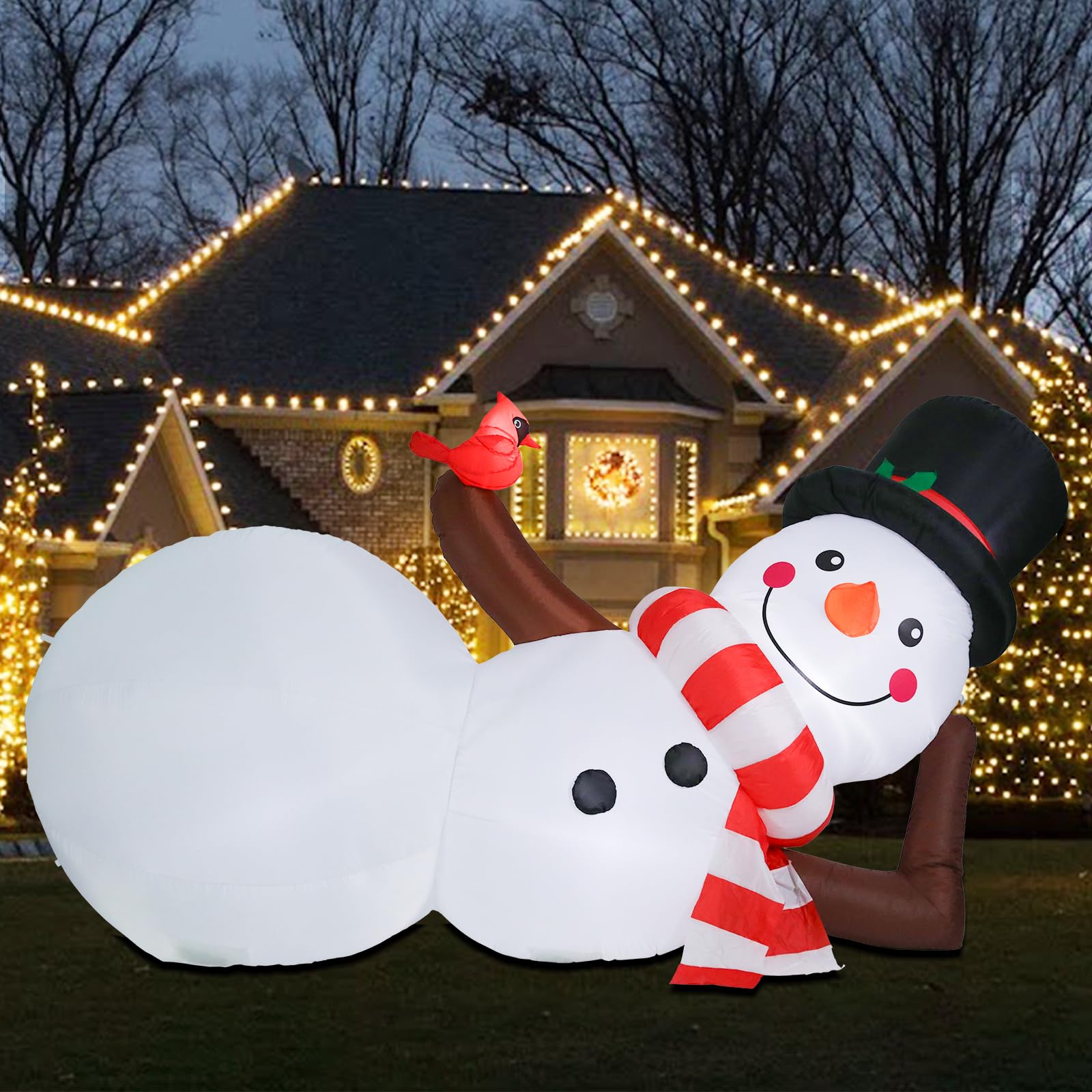 MUMTOP 10FT Long Christmas Inflatables Outdoor Decorations, Giant Inflatables Snowman with Red Cardinal Blow up Christmas Yard D