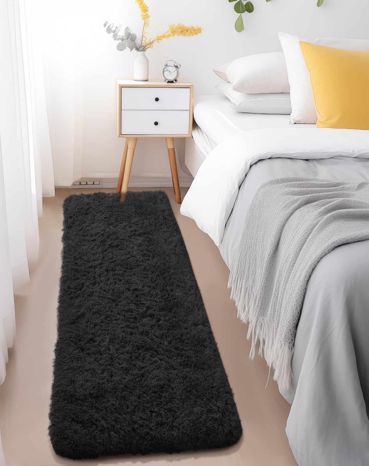 Ophanie Runner Rug for Hallway, 2x6 Bedroom Black Runner Rugs, Non Slip Fluffy Soft Shaggy Bedside Carpet for Kids Girls Boys Ho