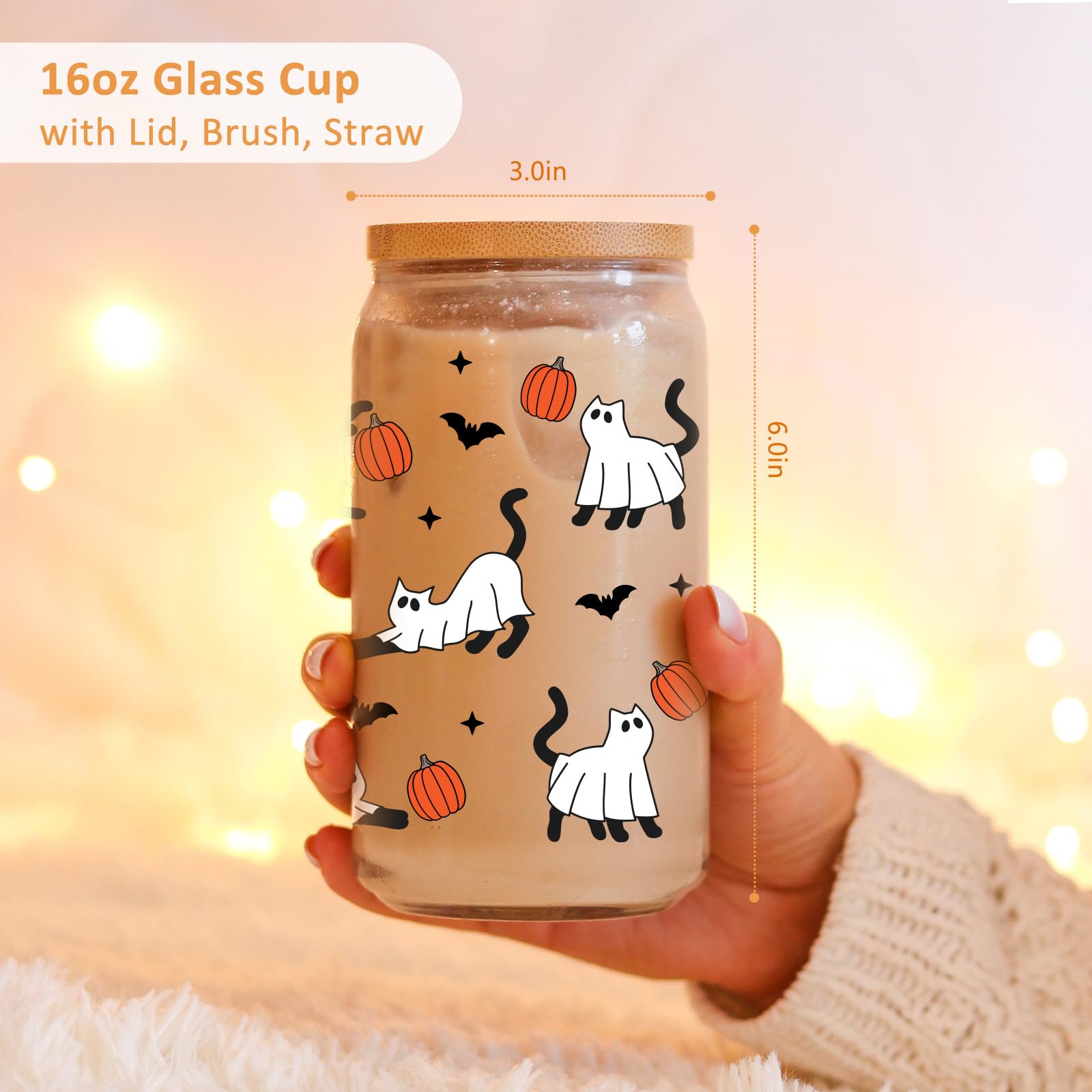 Fairy'S Gift Halloween Ghost Cat Iced Coffee Cup, Halloween Cat Pumpkin Glass Tumbler, 16 Oz Halloween Glass Cup With Lid Straw,