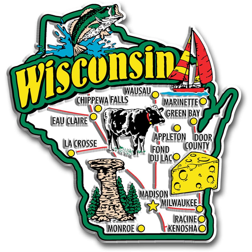 Wisconsin Jumbo State Magnet By Classic Magnets, 3.4'' X 3.5'', Collectible Souvenirs Made In The Usa
