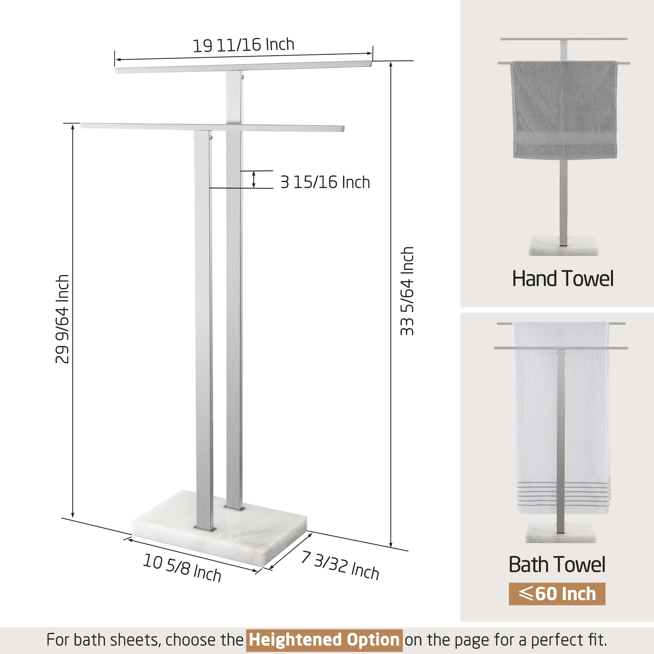 Kes Standing Towel Rack 2-Tier Towel Rack Stand With Marble Base For Bathroom Floor, Upgrade Steady Design, Pro-Grade 18/8 Stain