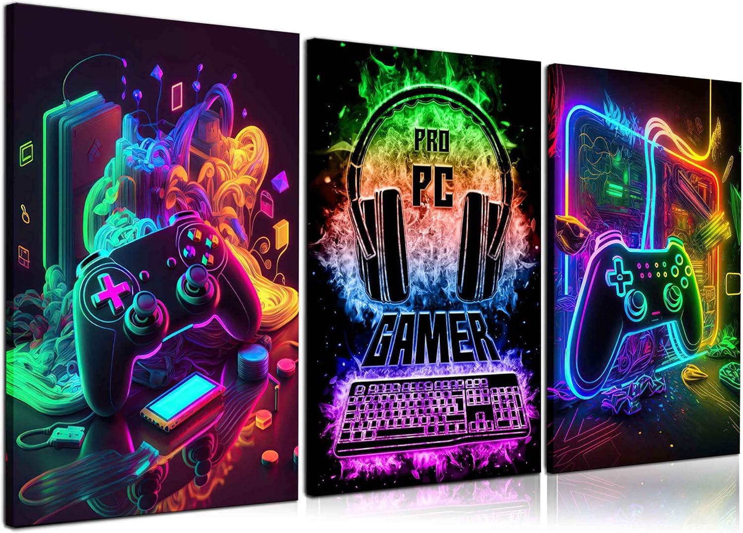 Nbyartq 3Pcs Cool Gaming Wall Art Retro Video Gamer Watercolor Posters Pictures Colorful Neon Gamepad Canvas Painting Prints For