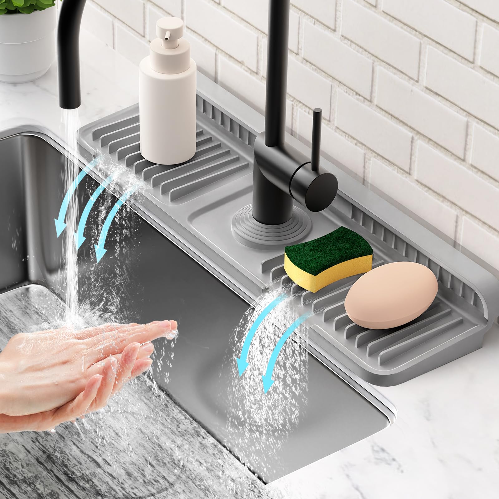 17.7 Faucet Mat for Kitchen Sink Splash Guard[7 Slope Fast Self-draining][Snap Lock Fit] Folding Kitchen Sink Faucet Mat Splas