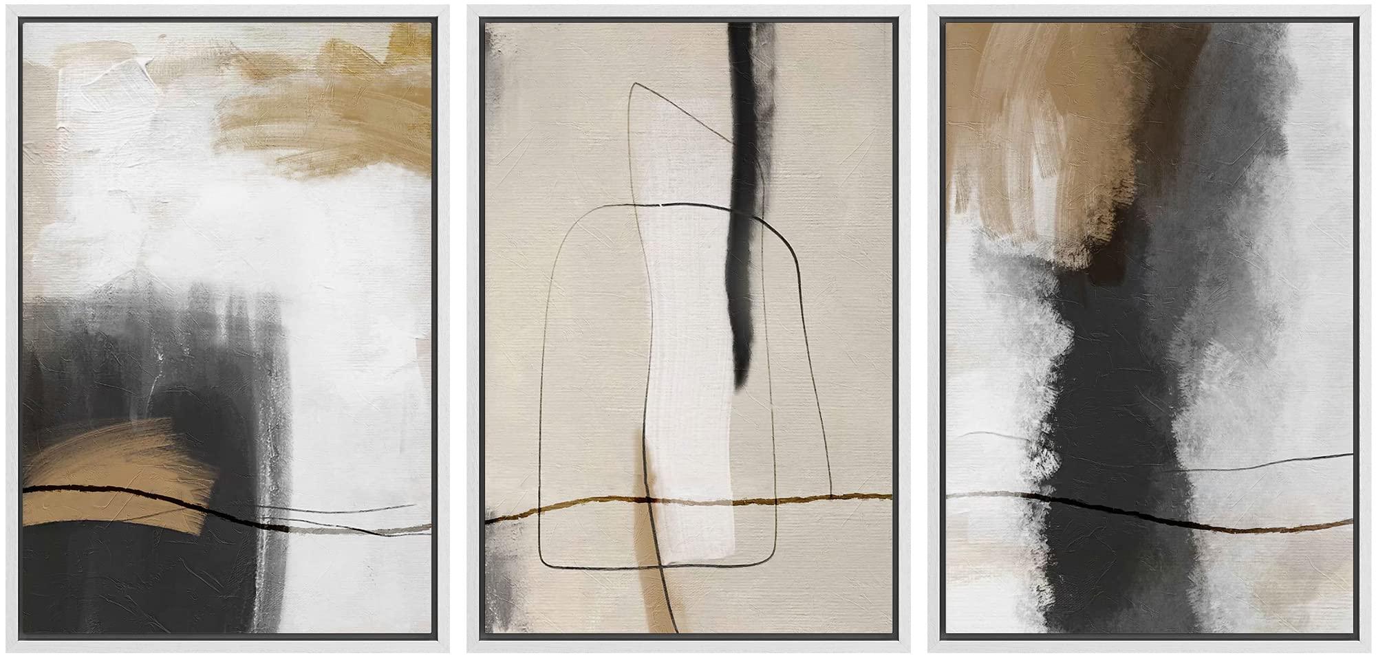 Signwin Framed Canvas Print Wall Art Set Geometric Line Brown Black Pastel Color Field Abstract Shapes Illustrations Modern Art