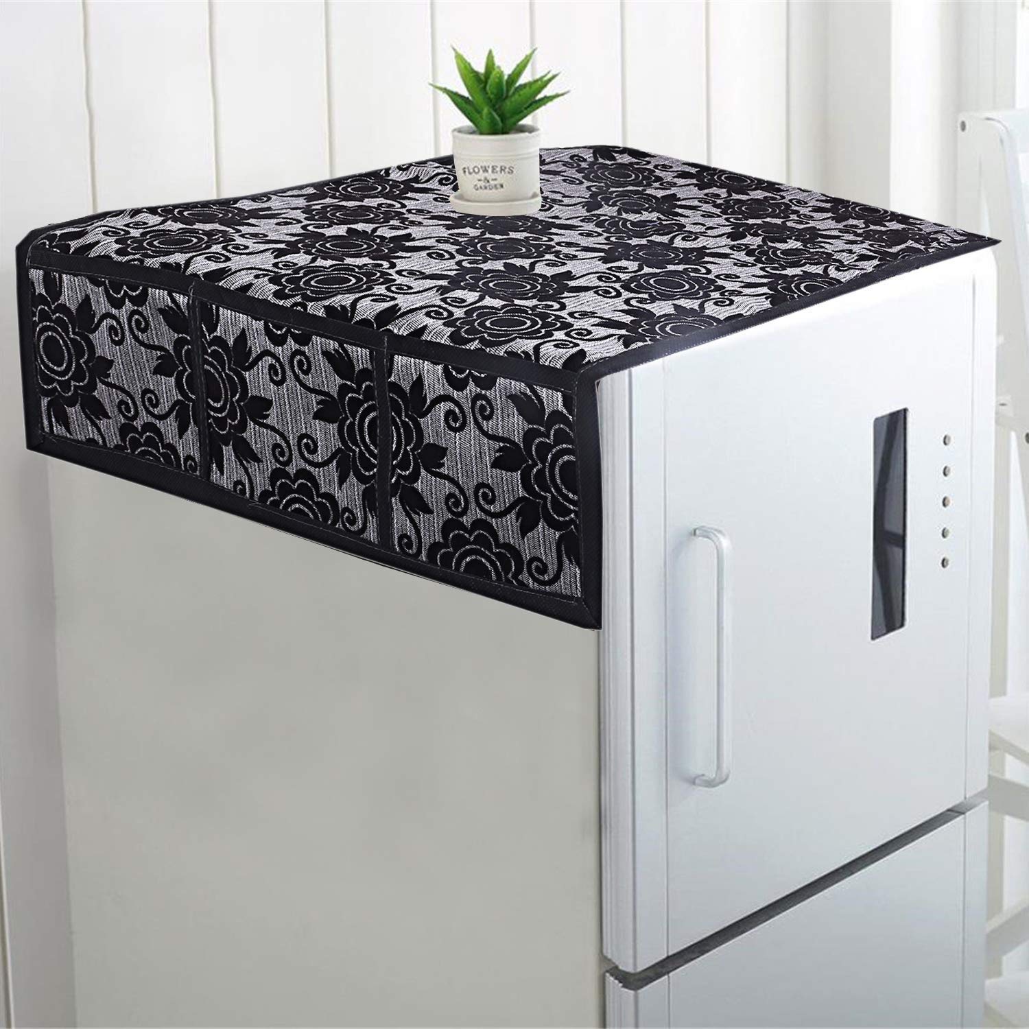 Kuber Industries Floral Design Cotton Fridge Top Cover 37''X21'' (Black), Ctktc013848