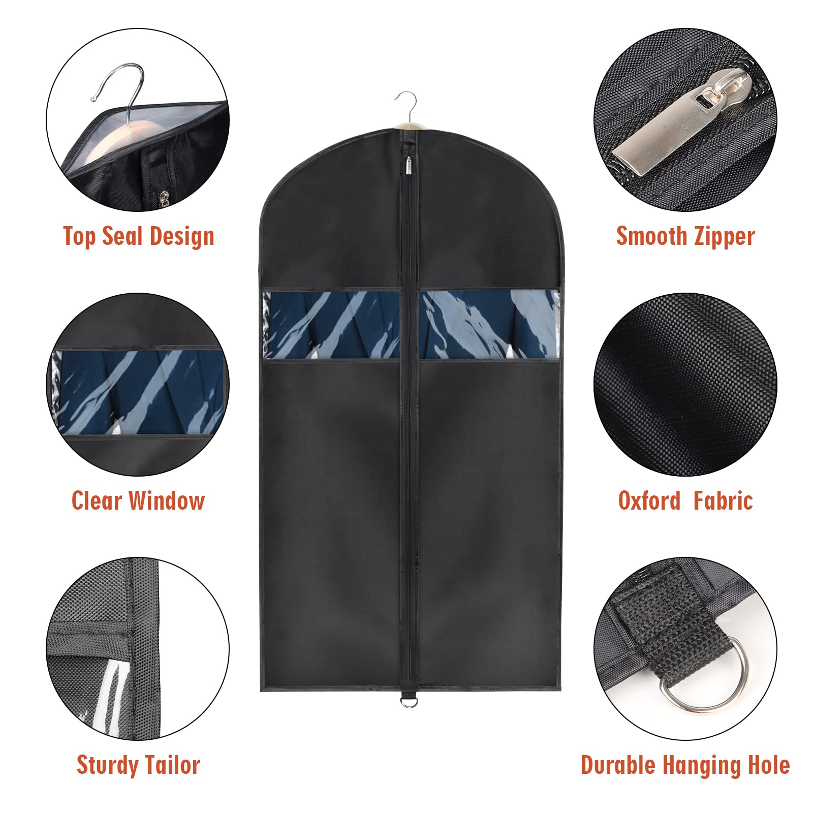 Univivi 8 Pack Suit Bags 43'' Waterproof Black Garment Bag  Coat Covers from Dust with Zipper and Transparent Window  for Hanging Clothes  all coats  suits  women shirts  tuxedos  uniforms  winter coats  fur coats  dance costumes etc.