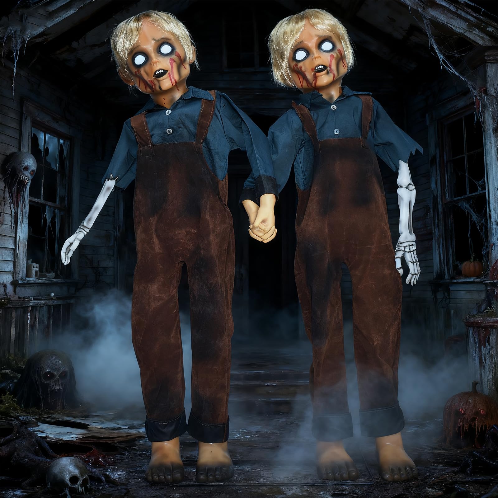 HOYECHI Animatronic Halloween Decorations Twin Boys 4.3ft - Scary Halloween Decorations for Yard, Motion & Sound Activated Outdo