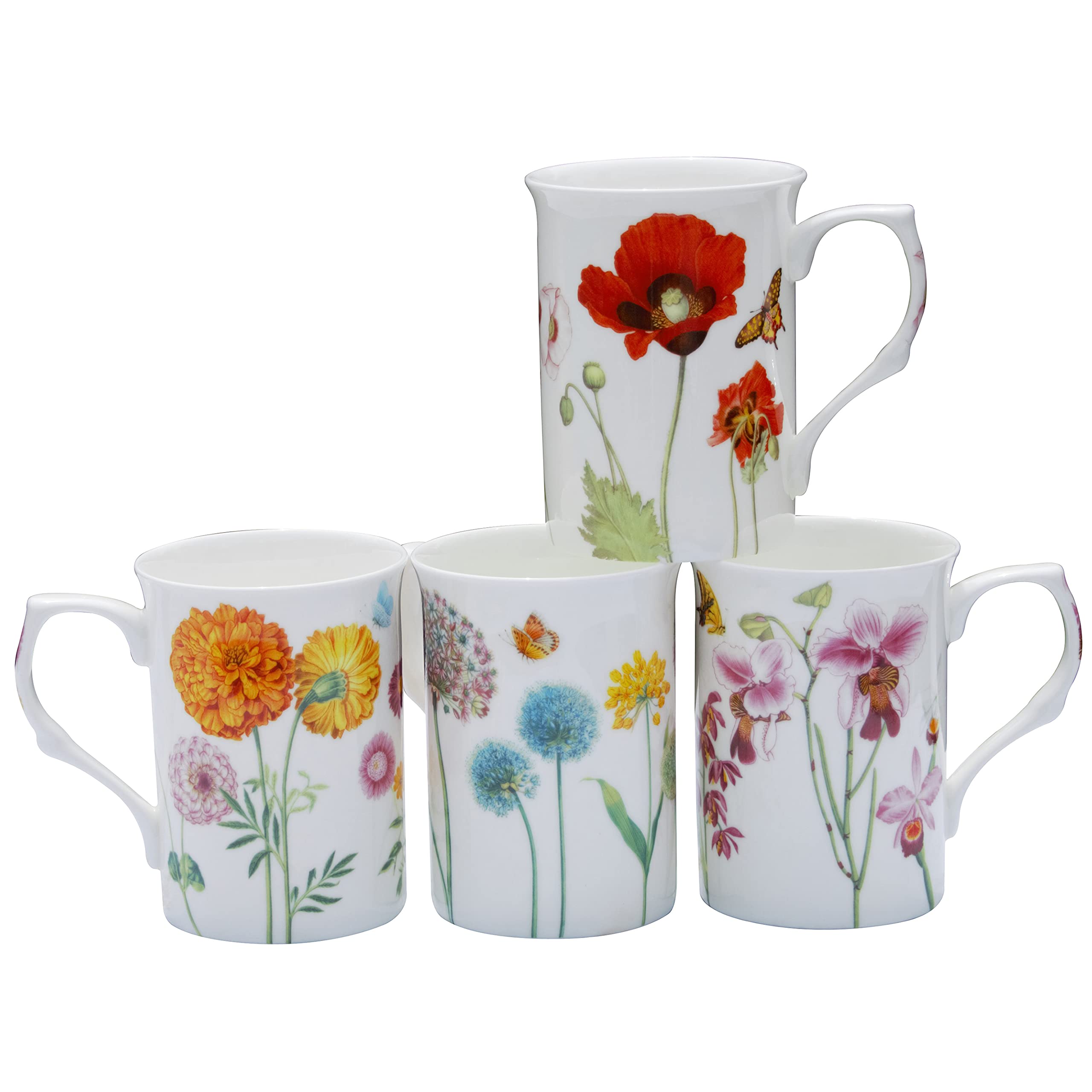 Grace Teaware Bone China Coffee Tea Mugs 9Ounce, Assorted Set of 4 (Wildflower Garden)