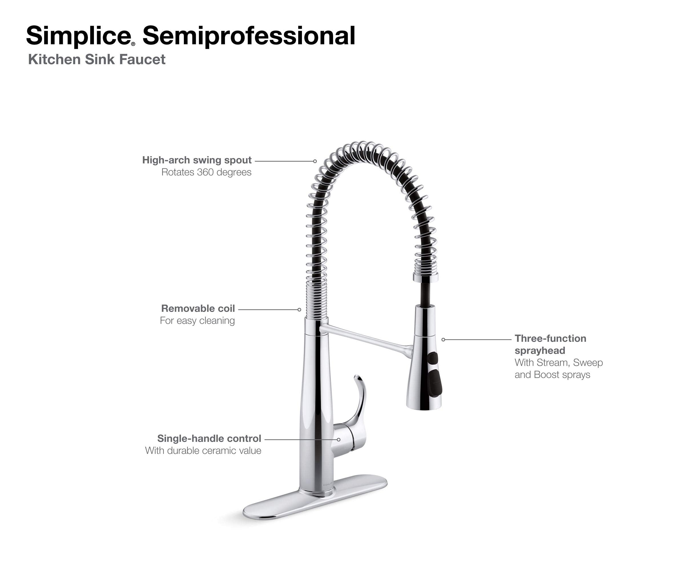 Kohler 22033-Vs Simplice Semi Professional Kitchen Sink Faucet, Pre-Rinse Kitchen & Commercial Faucet, Vibrant Stainless, 9 X