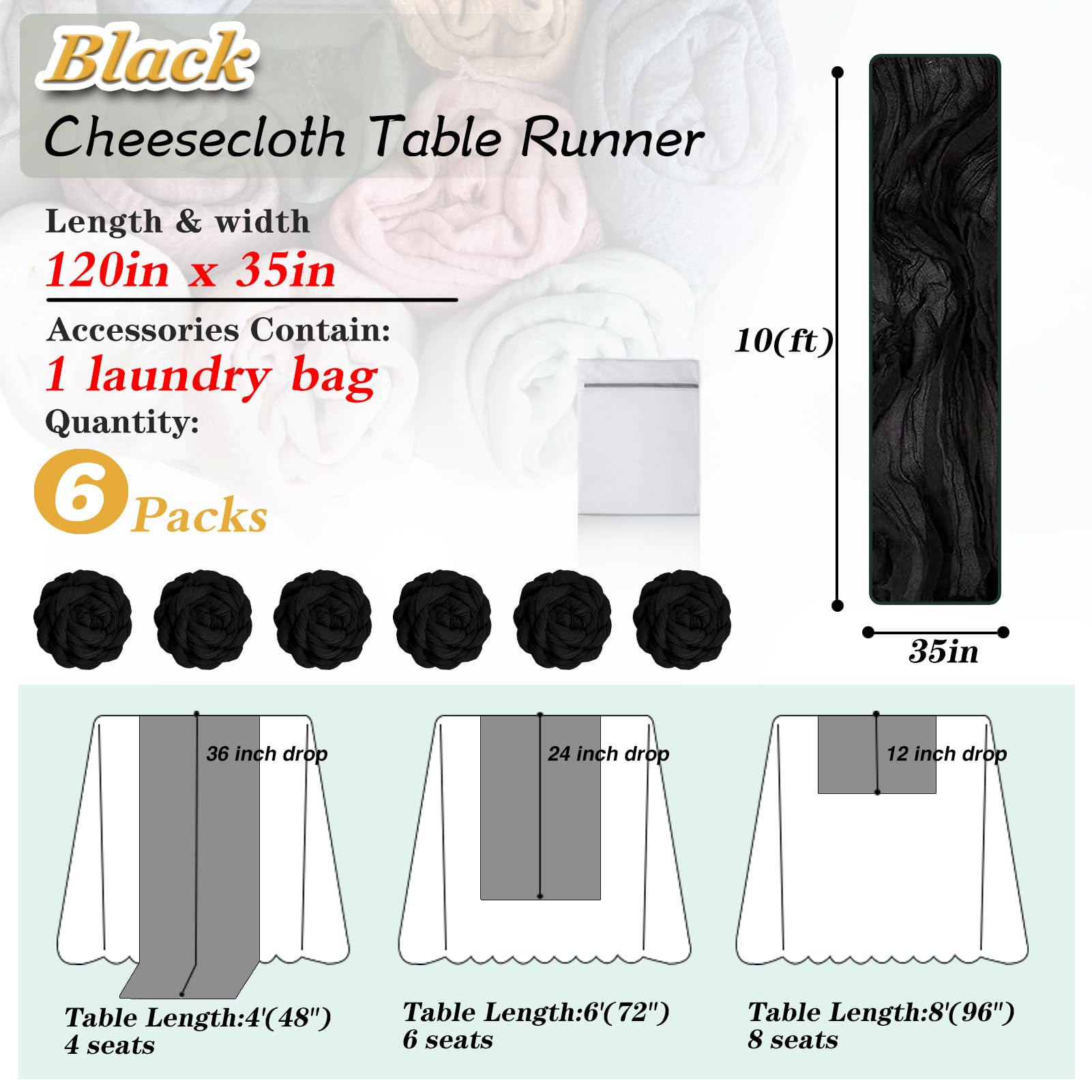 Waligoy Black Cheesecloth Table Runner 6 Pack 35'' Boho Gauze Table Runner 120 Inches Long Table Runner Rustic Sheer Fabric Bulk
