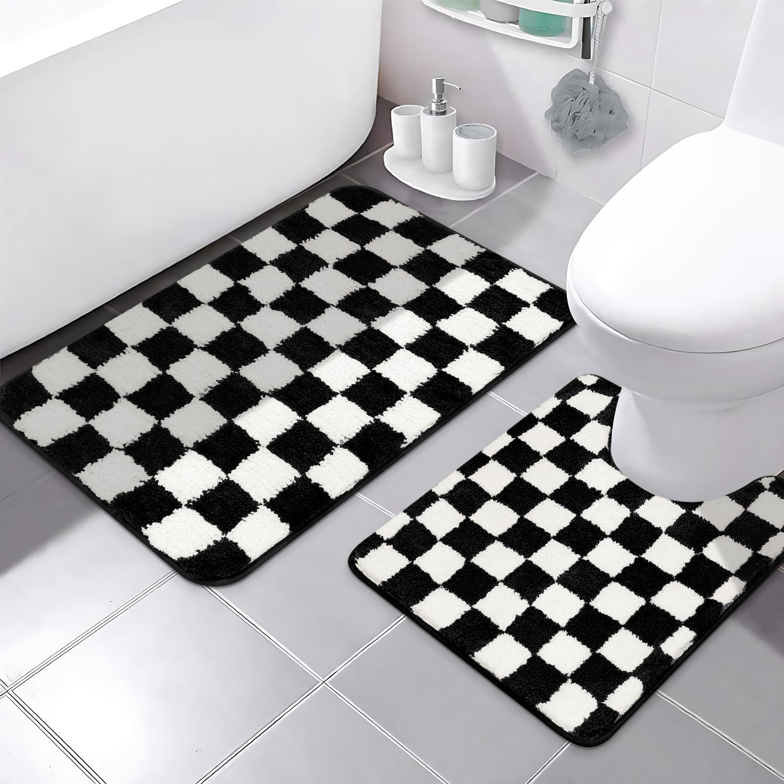 Sivilife Checkered Bathroom Rug Sets 2 Piece, Black And White Bathroom Mat Set Non Slip Water Absorbent Toilet Rug U Shaped Wash