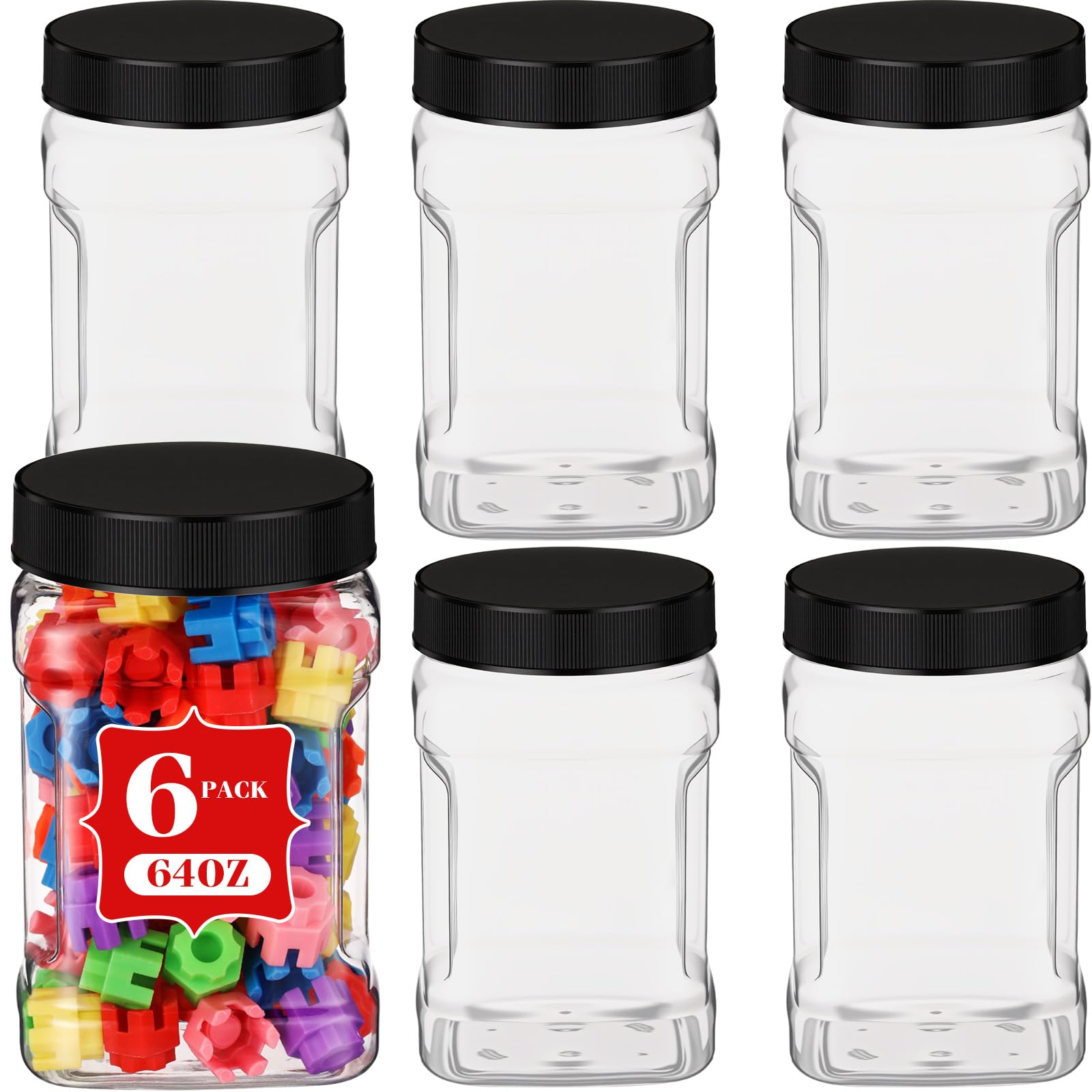 Geiserailie 6 Pcs Square Clear Plastic Jars with Pinch Handle Plastic Storage Container with Screwon Lids Reusable Wide Mouth C