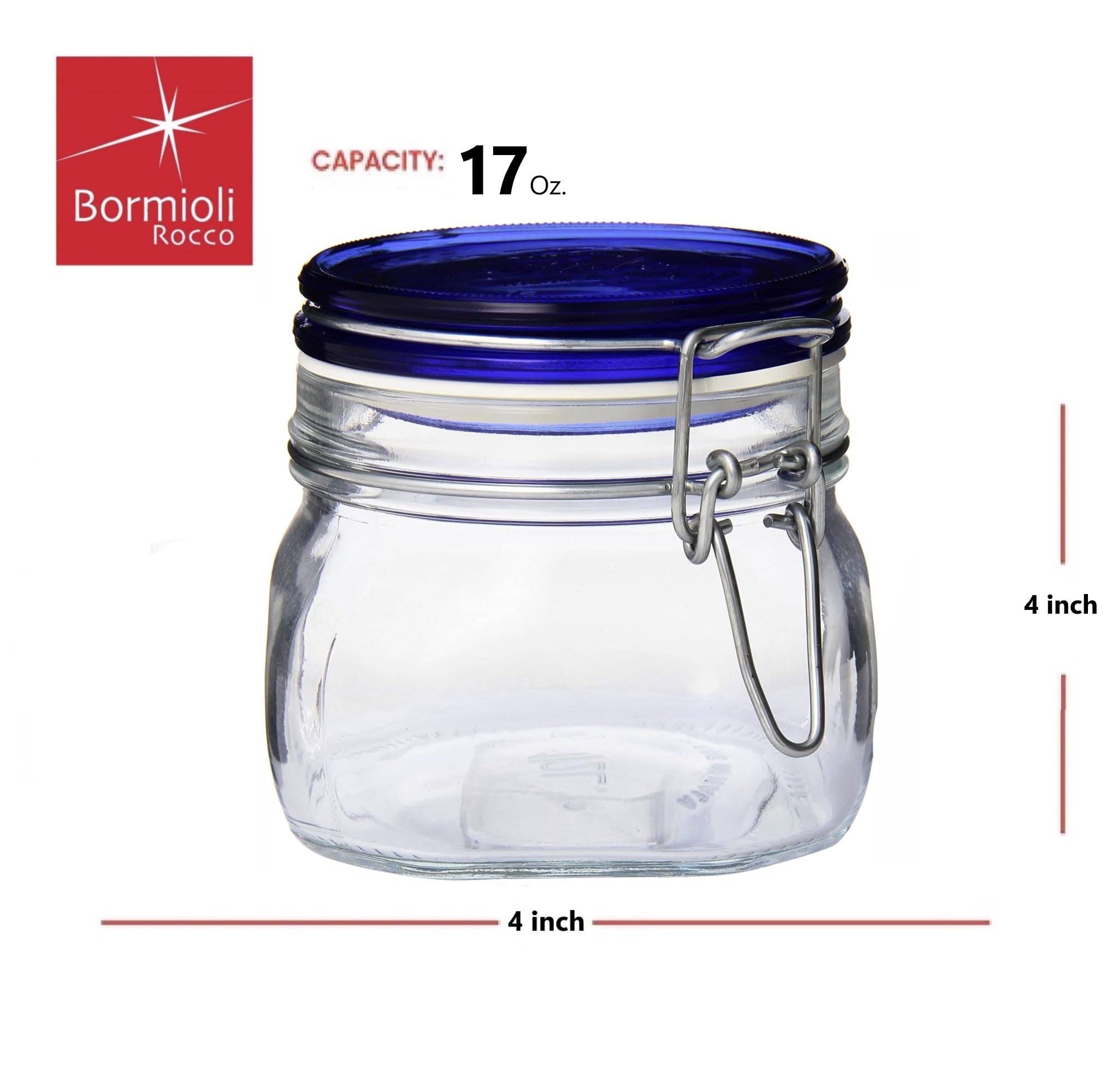 Bormioli Rocco Fido Square Jar With Blue Lid, 17-1/2-Ounce