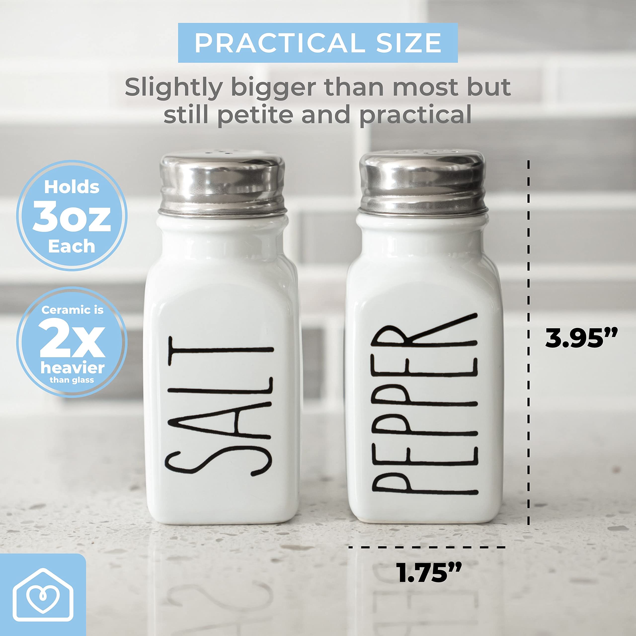 Farmhouse Ceramic Salt And Pepper Shakers Set With Extra Lids. 100% Stoneware Salt And Pepper Shaker Set. White Pepper And Salt