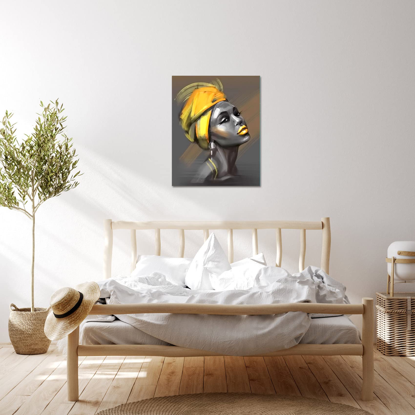LB Framed African American Women Canvas Wall Art Black Woman Yellow Hair Beauty Abstract Painting Canvas Prints Living Room Bedroom Bathroom Home Decoration Ready to Hang 12x16 inch