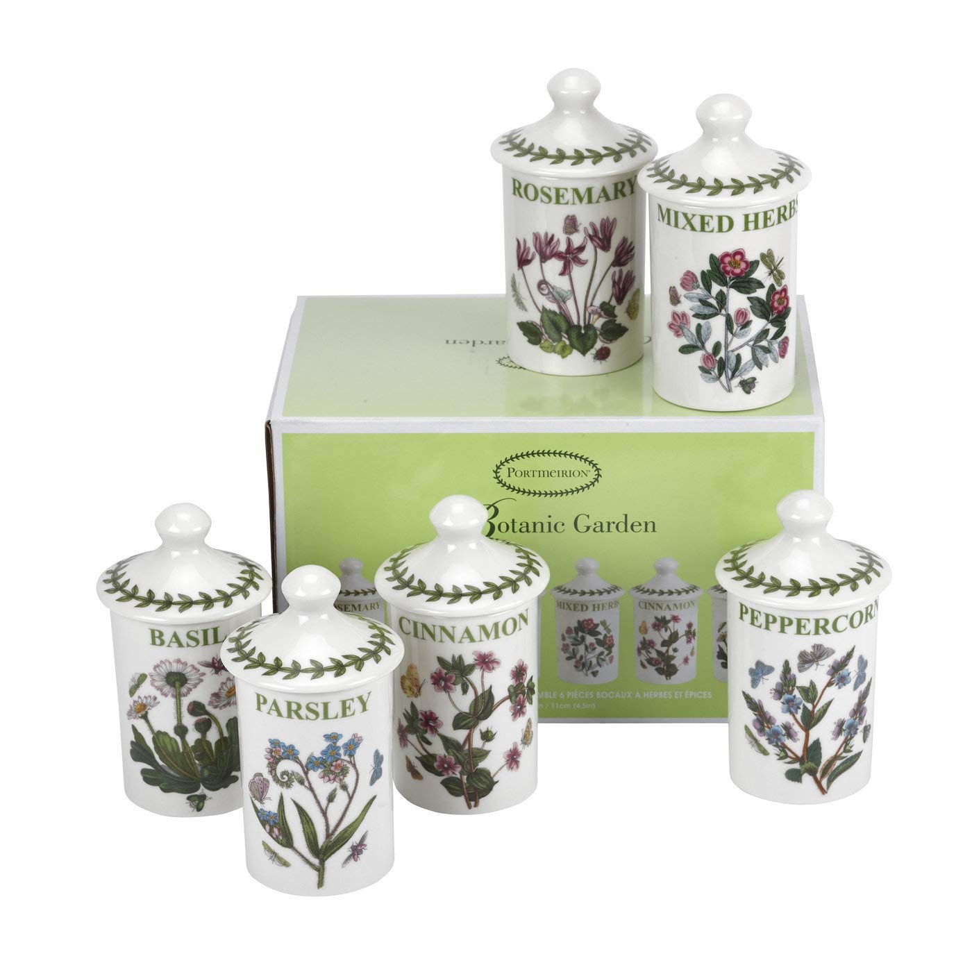 Portmeirion Botanic Garden 4.5'' Spice Jars - Set of 6 | Assorted Floral Motifs | Airtight Container | Fine Porcelain | Ideal fo