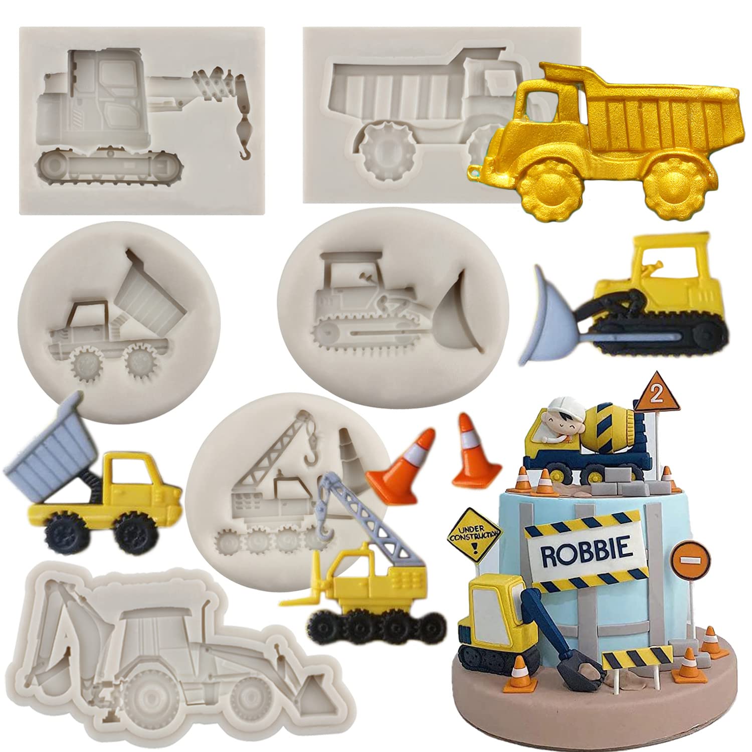 Sijiangmold Bulldozer Silicone Molds Excavator Fondant Mold Crane Construction Truck Mold For Cake Decorating Chocolate Candy Cu