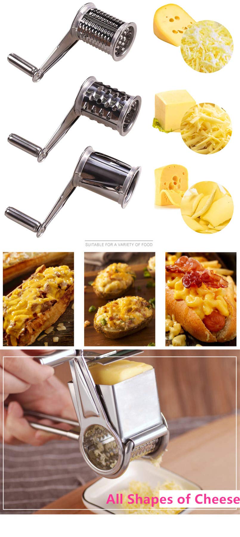 Keepingcoox Stainless Steel Rotary Cheese Grater/Vegetable Shredder, Handheld Restaurant Food Grater With Coarse Grater/Fine Gra