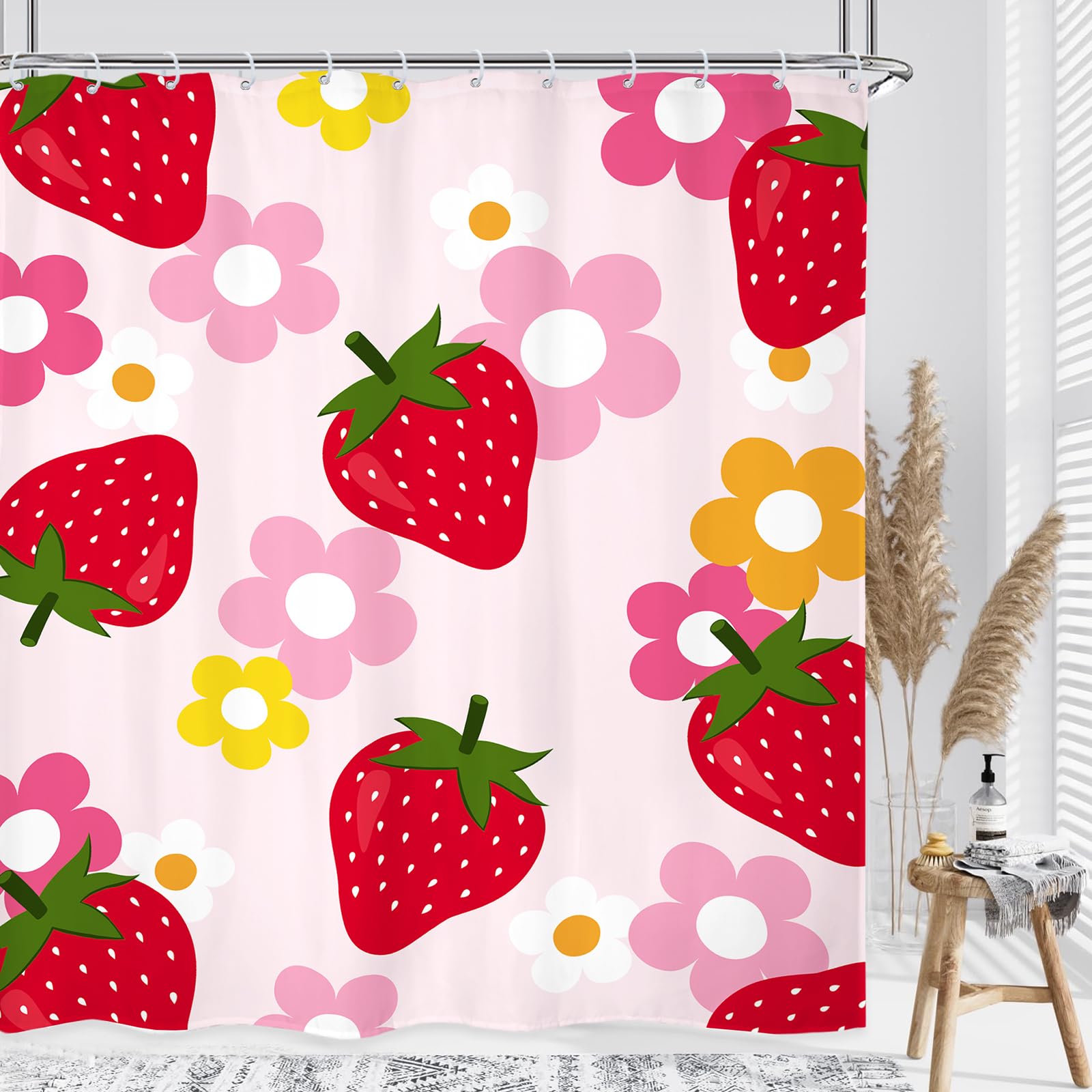 Kalmico Cute Strawberry Fruit Shower Curtain 60Wx72L Inch Girls Flower Floral Y2K Pink Red Bathroom Set Accessories Decor Polyes
