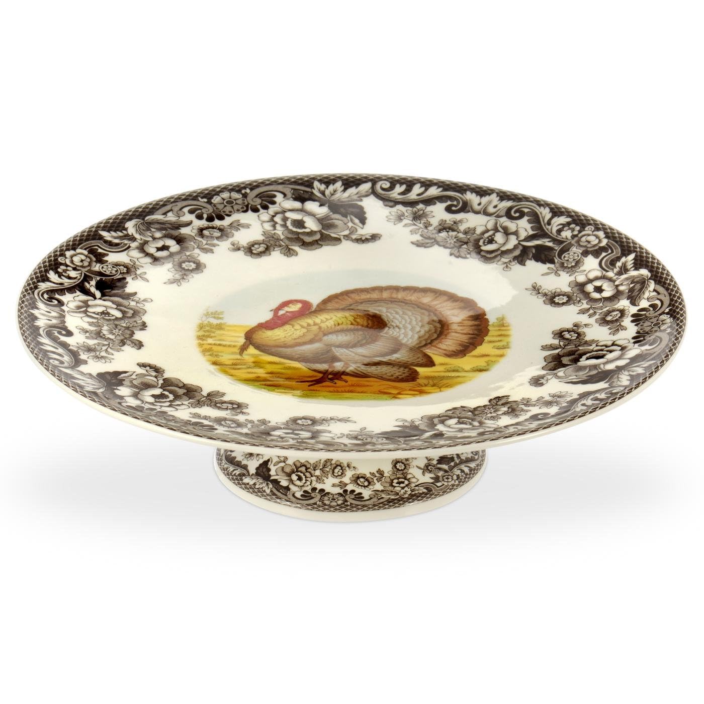 Spode Woodland Footed Cake Plate with Turkey Motif - 10.5 Inch Round Cake Stand for Thanksgiving, Weddings, Celebrations - Porce