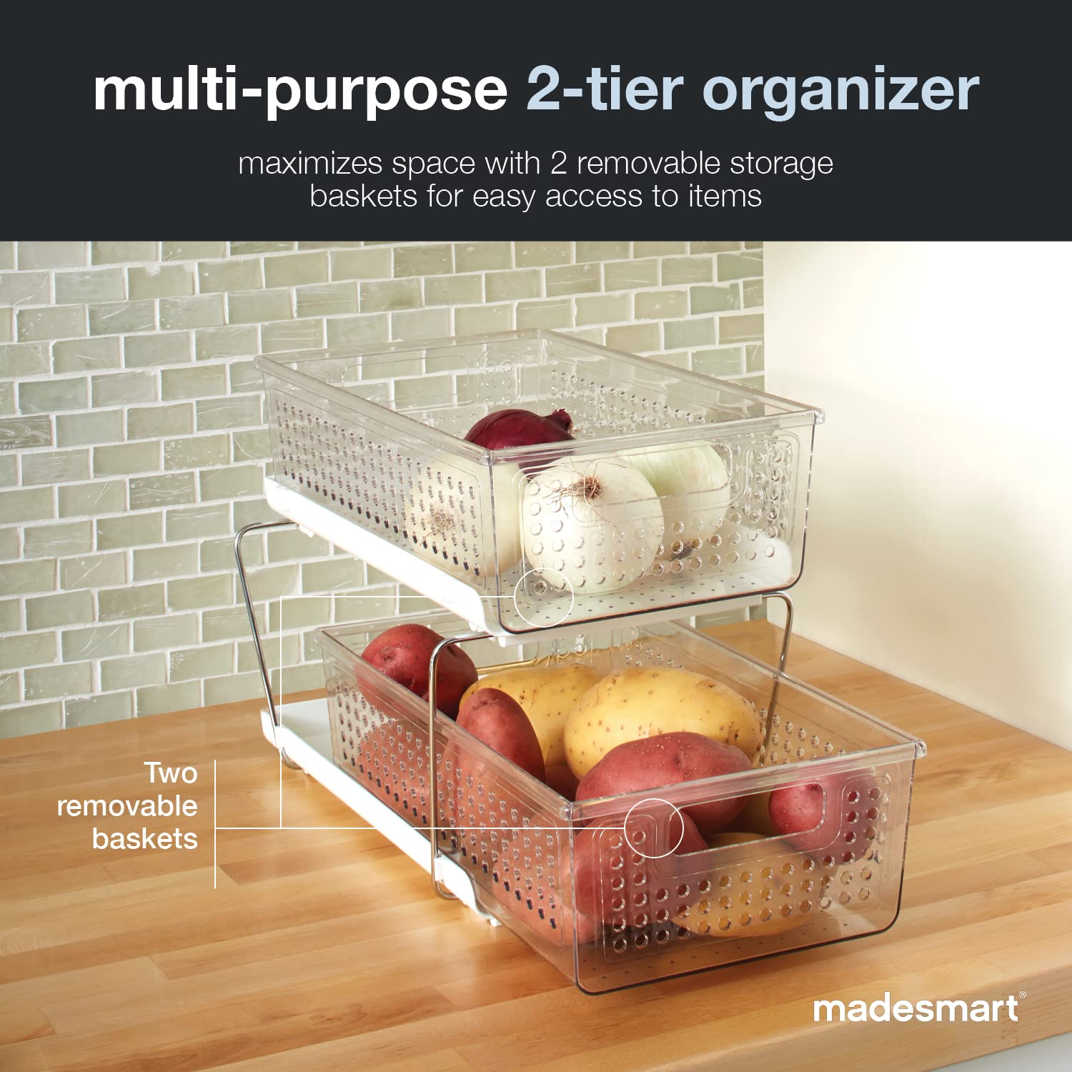 Madesmart 2-Tier Plastic Multipurpose Organizer with Divided Slide-Out Storage Bins  Under Sink and Cabinet Organizer Rack  Clear