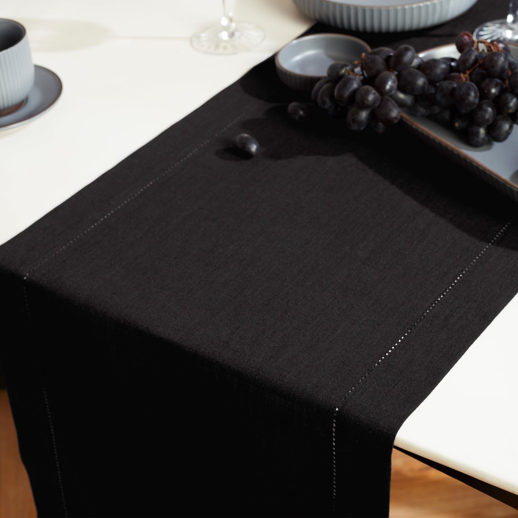 Solino Home Linen Black Table Runner 72 Inches Long - Sonoma Hemstitch 100% Pure Linen Prewashed Dining Table Runner 14 X 72 Inc