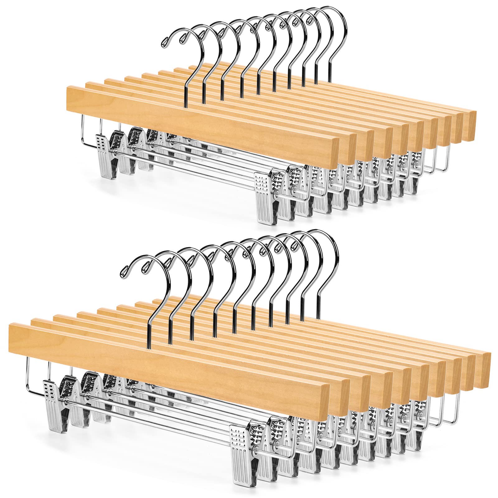 Nature Smile Wooden Pants Hangers Skirt Hanger Solid Lotus Wood Jeans Bottom Hanger With Clips Natural Color(20 Pack)