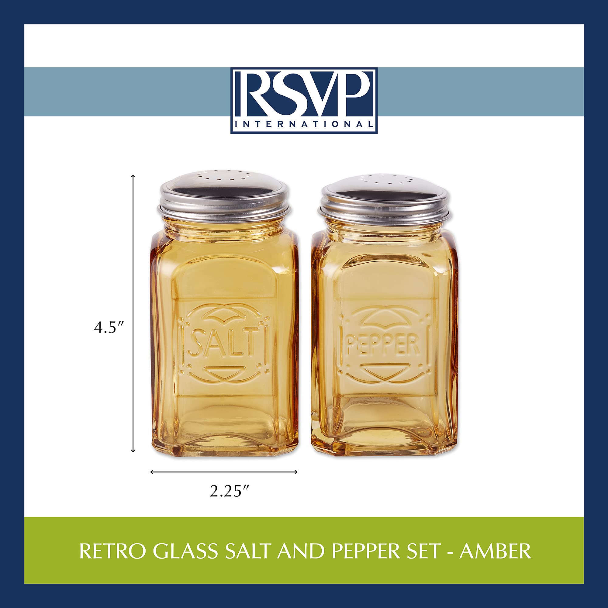 Rsvp International Retro Glass Salt & Pepper Shaker  Stainless Steel Lids , 8 Oz, Amber