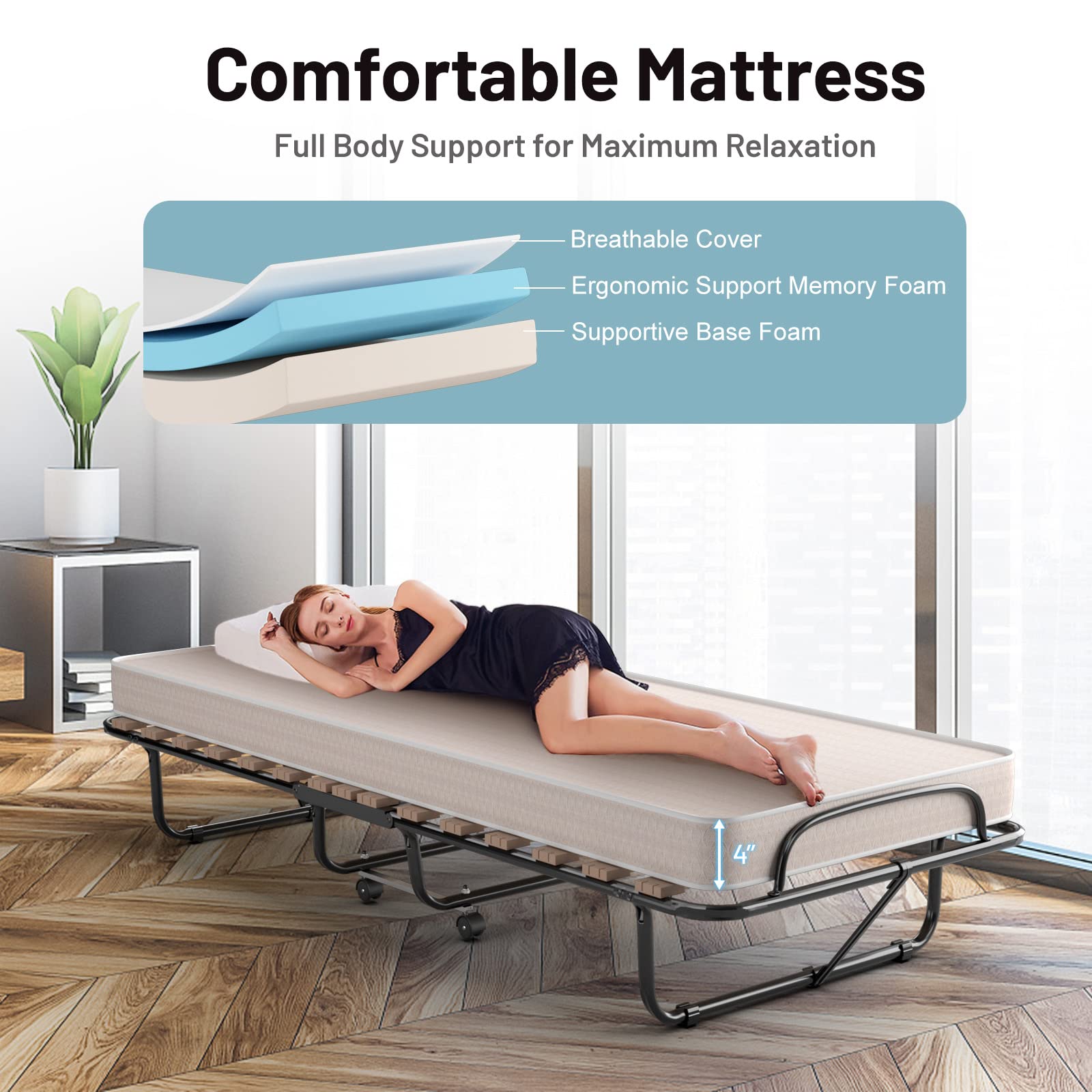Komfott Folding Rollaway Bed With 4'' Mattress, Foldable Rollaway Bed With Memory Foam Mattress For Adults, Portable Fold Up Gue