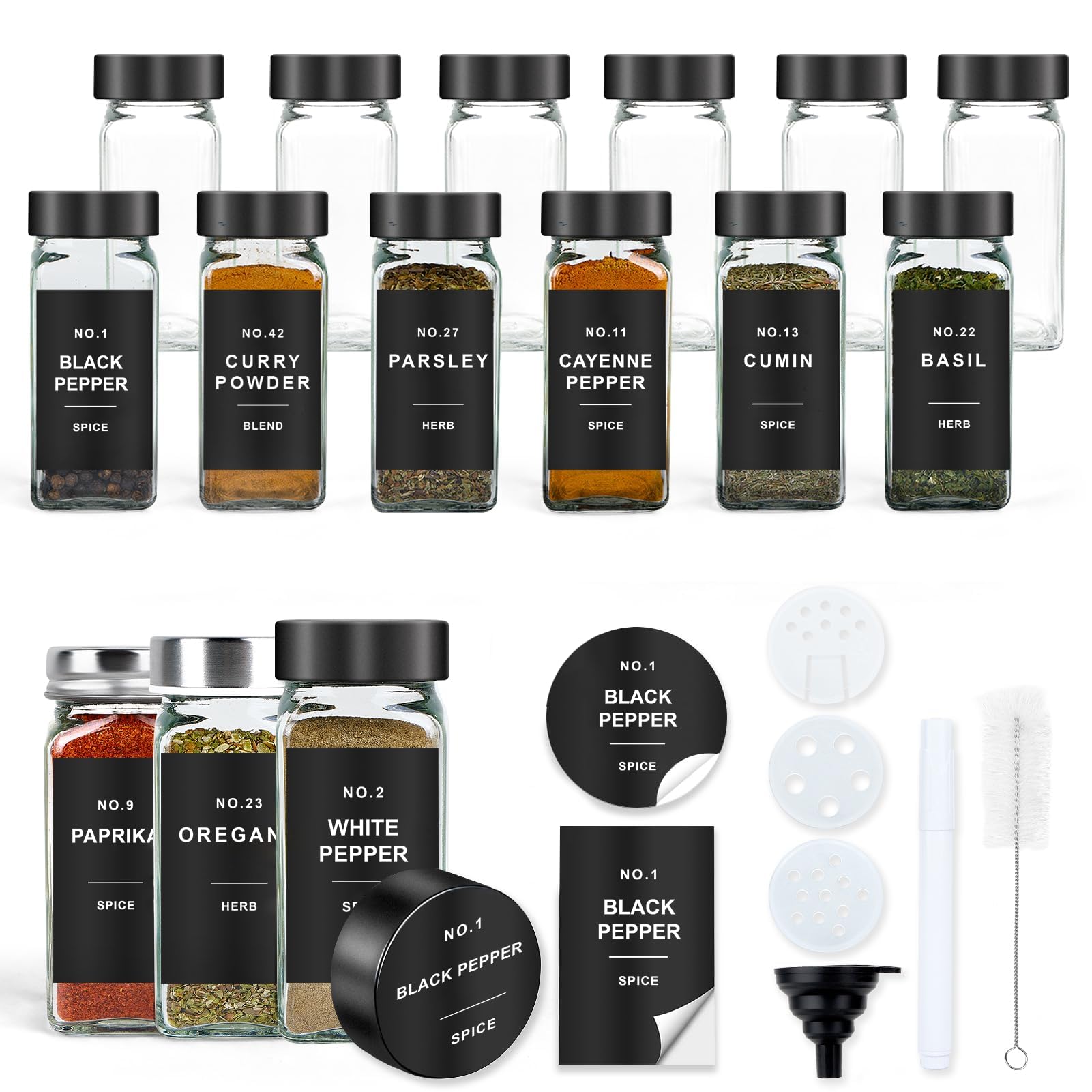 OMOZUN Spice Jars with Label, 12pcs 4oz Glass Spice Jars with Black Lids